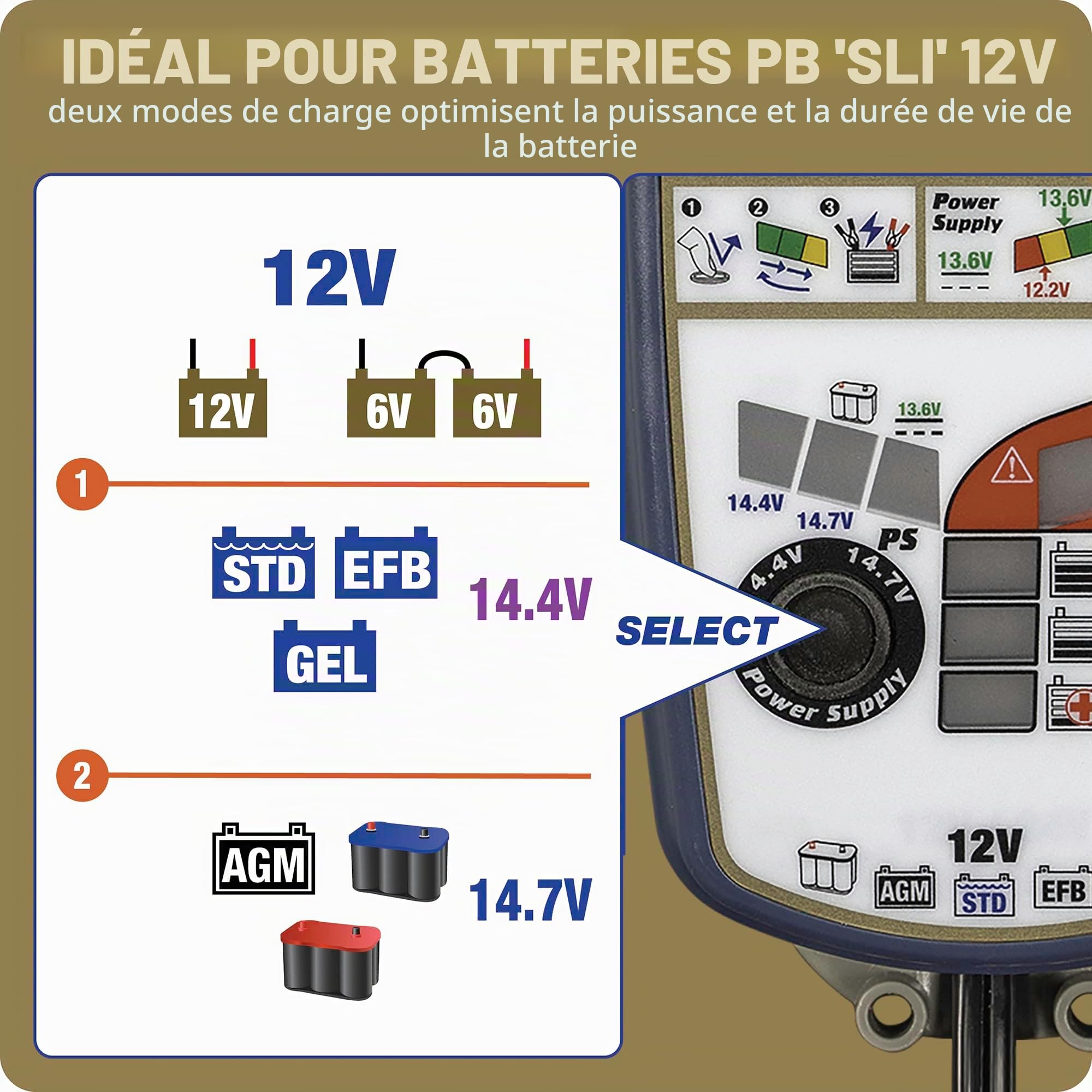 Optimate 6 Select Chargeur de batterie automatique intelligent 12 V avec mode d'alimentation