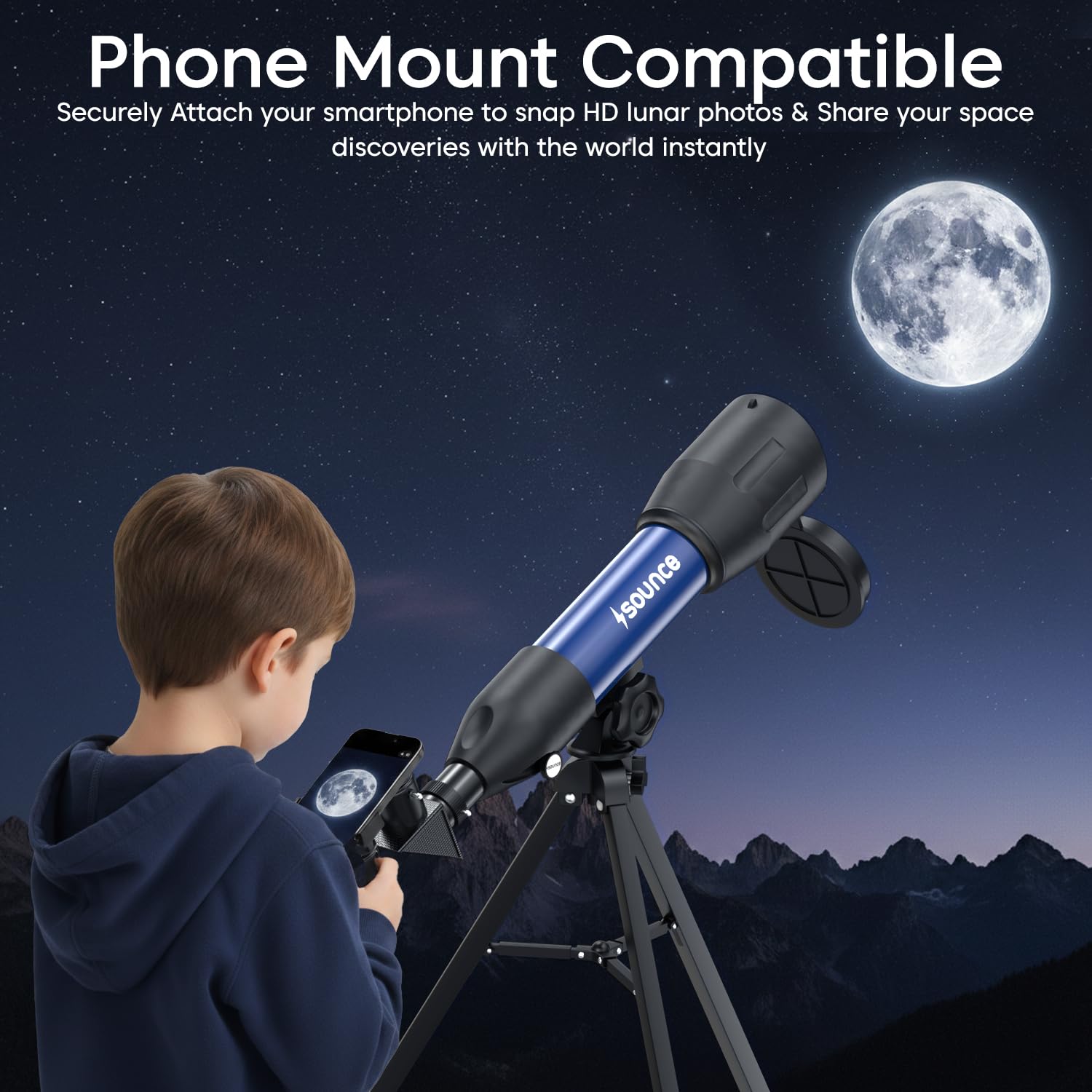Sounce 50mm Astronomical Land and Sky Refractor Telescope with 28.8x -86.4x Zoom Fully Coated Optics Compatible with Beginner Astronomy Viewing for Kids and Adults Portable Tripod Phone Holder (Black) — Amazon image 4