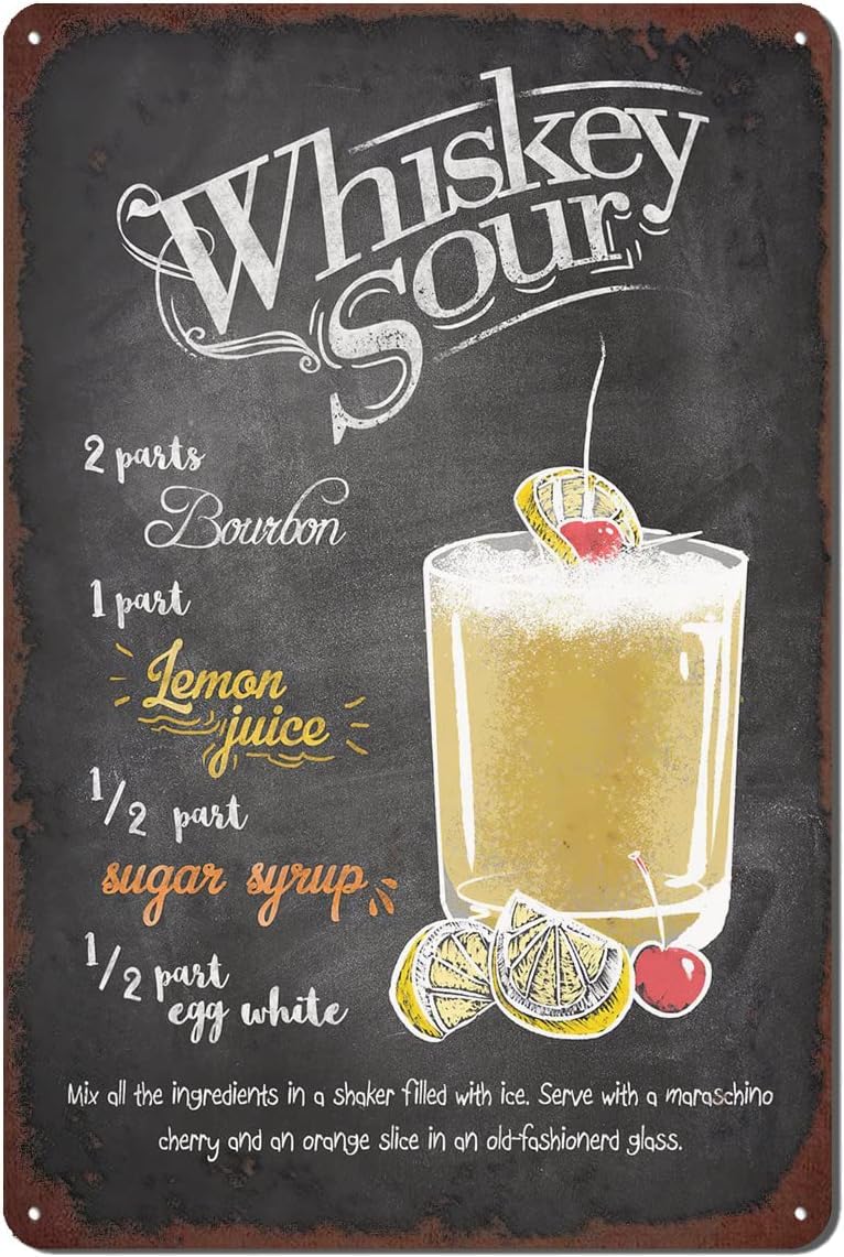 Oudrspo Whiskey Sour Cocktail Cocktail Metal Tin Signs Recipes Retro Poster Sign Bar Signs For Home Bar Club Kitchen Cafe Wall Decor 8X12inch
