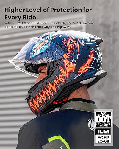 Miniatura 2 de ILM Cascos de motocicleta DOT ECE de doble visera, casco de carreras de calle de cara completa para hombres y mujeres, modelo MF567 (rojo fuego, M)