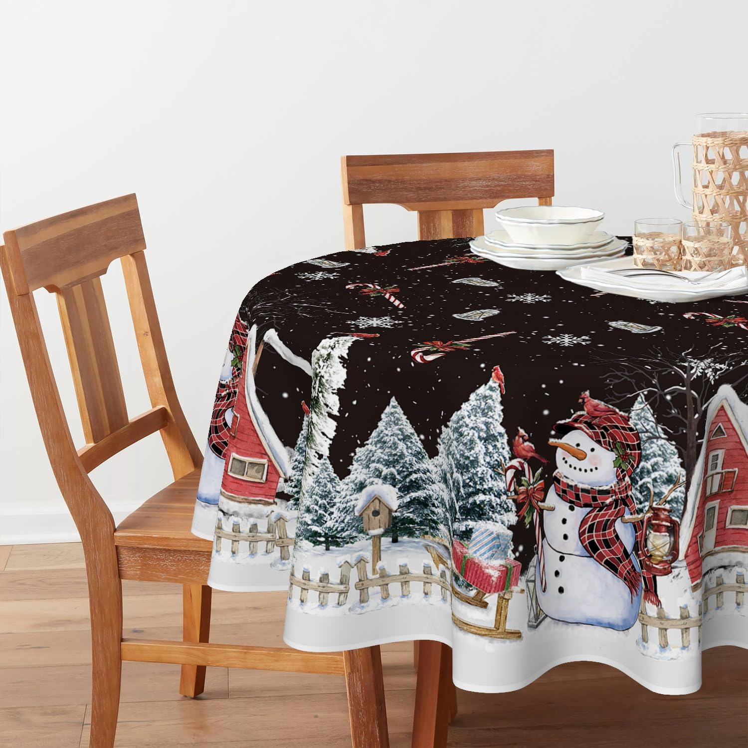Horaldaily Christmas Tablecloth 60 x 60 Inch Round Winter Snowman House image 2