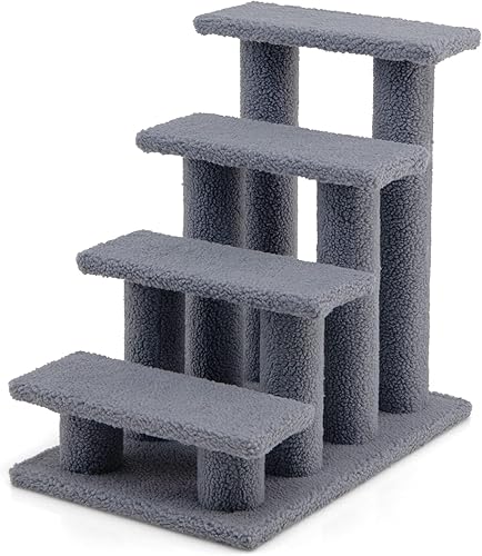 Tangkula Escaleras para mascotas para gatos y perros, rampa de escalera alfombrada de 4 escalones, poste rascador para gatos, escaleras de varios