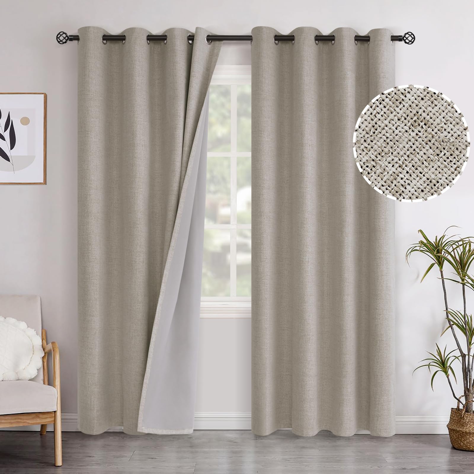 YoungsTexYoungsTex Linen Insulated Blackout Curtains 63 Inch Length for Bedroom, Grommet Linen Textured Darkening Window Drapes for Living Room Heat Blocking Privacy, 2 Panels, Cashmere, 52 X 63 Inch