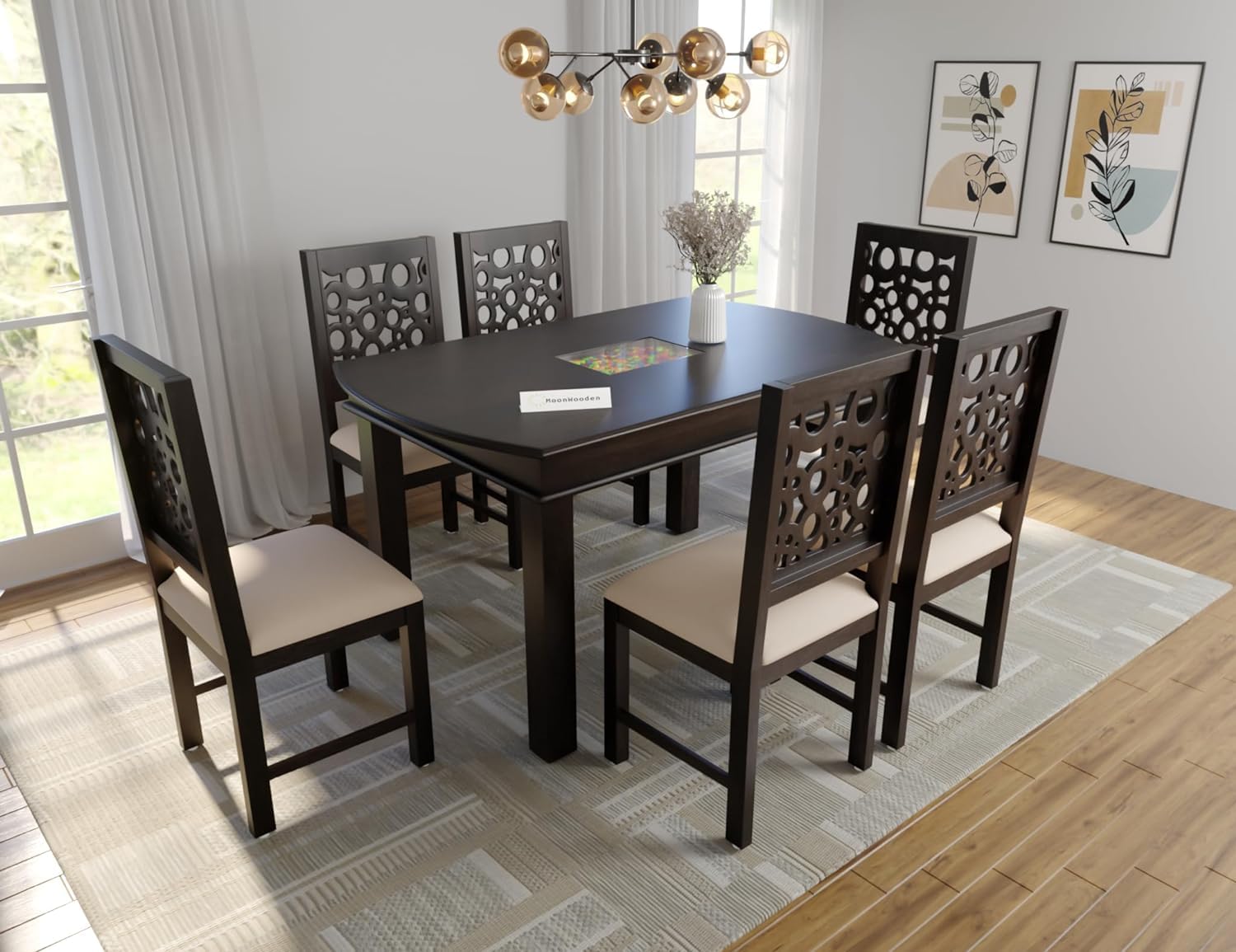 MoonWooden Solid Sheesham Wood 6 Seater Dining Table with 6 Chair for Living Room | Sheesham Wood Dining Set | Hotel Restaurant Dining Set | 6 Seater Dining Set Walnut Finish