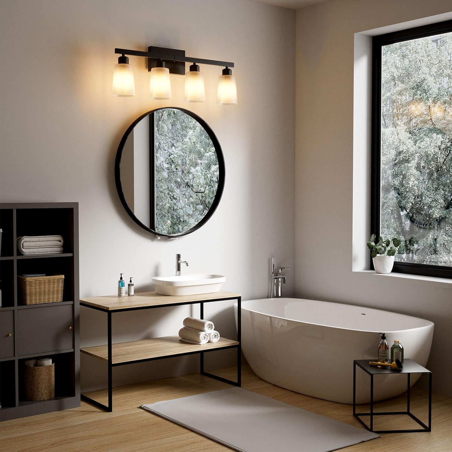 Lightdot 4 Light Bathroom Vanity Light, 26.5" Black Bathroom Light Fixtures with Frosted Glass Waterproof Shades, Rust-Proof Modern Vanity Lights Over Mirror for Kitchen Hallway Cabinet Porch