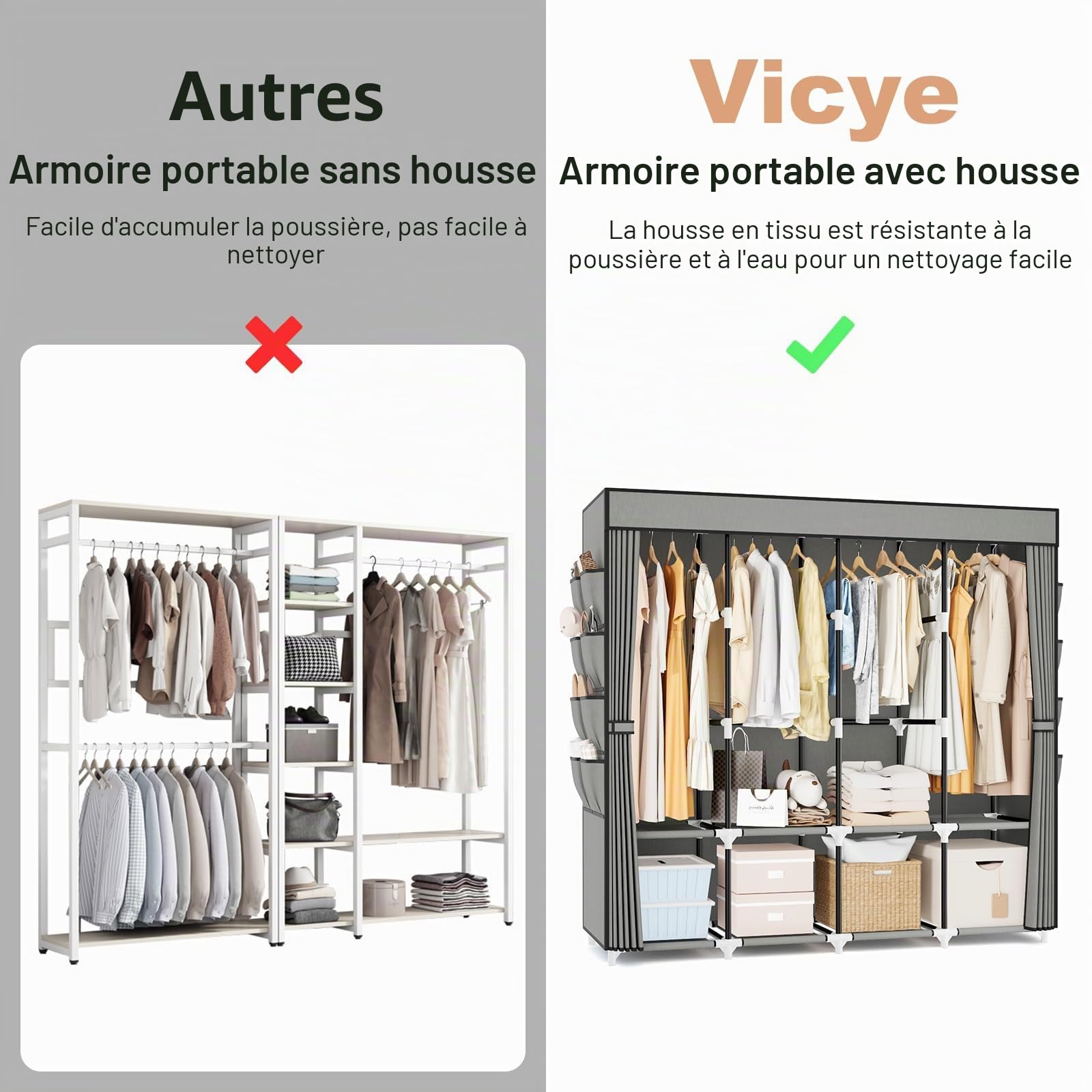 Vicye Armoire Chambre Adulte Tissu, Penderie Vetement Grande Capacité 210 cm Largeur, Dressing Penderie avec Housse, 10 étagères de Rangement et 5 Barres, Garde Robe Adulte Robuste pour Dressing