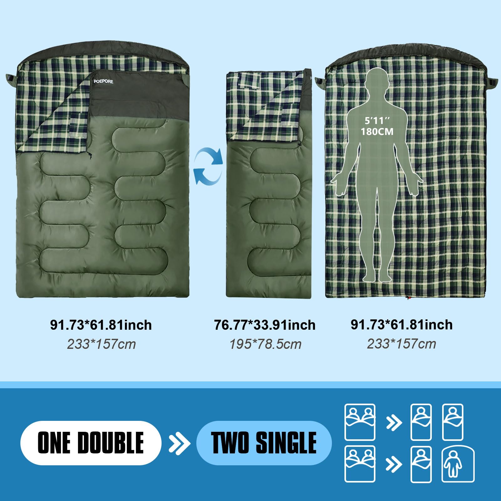 Saco de Dormir Franela Inviernos para Adultos 3-4 Estaciones Sacos de Dormir de Camping con Bolsa de Transporte para Camping Viaje Aire Libre 230 x 90CM