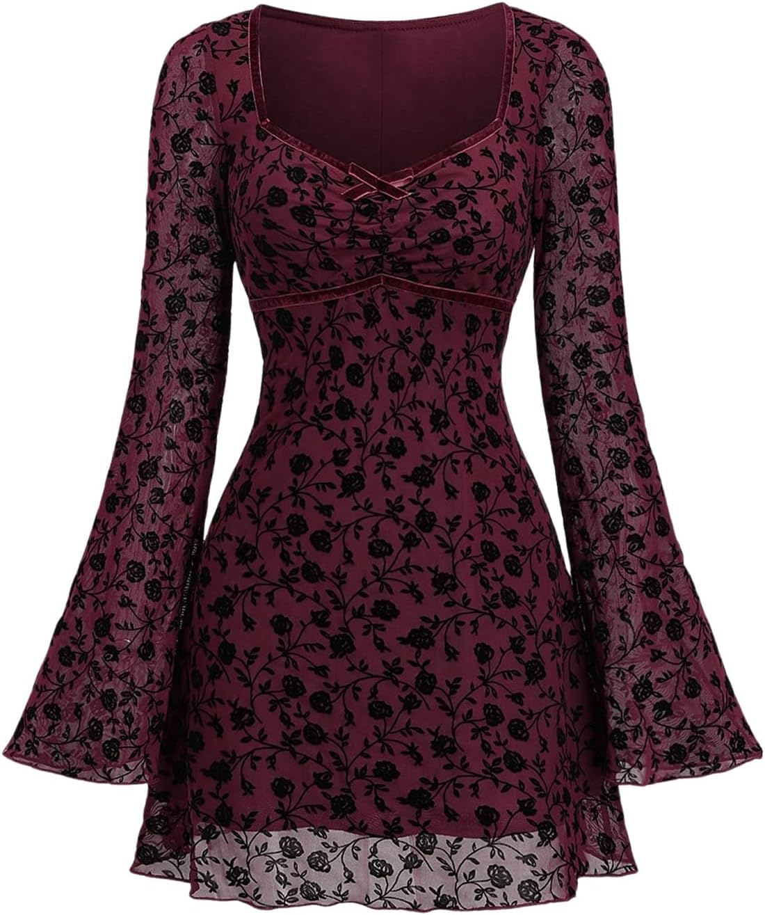 WDIRARA Women's Floral Jacquard Mesh Gothic Dress Bell Long Sleeve A Line Vintage Dresses