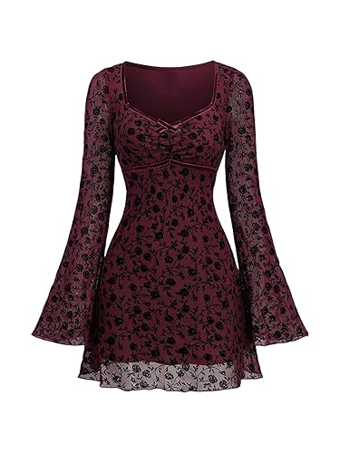 WDIRARA Women's Halloween Halloween Floral Print Mesh Gothic Dress Square Neck Bell Sleeve Vintage Dresses - Small - Red