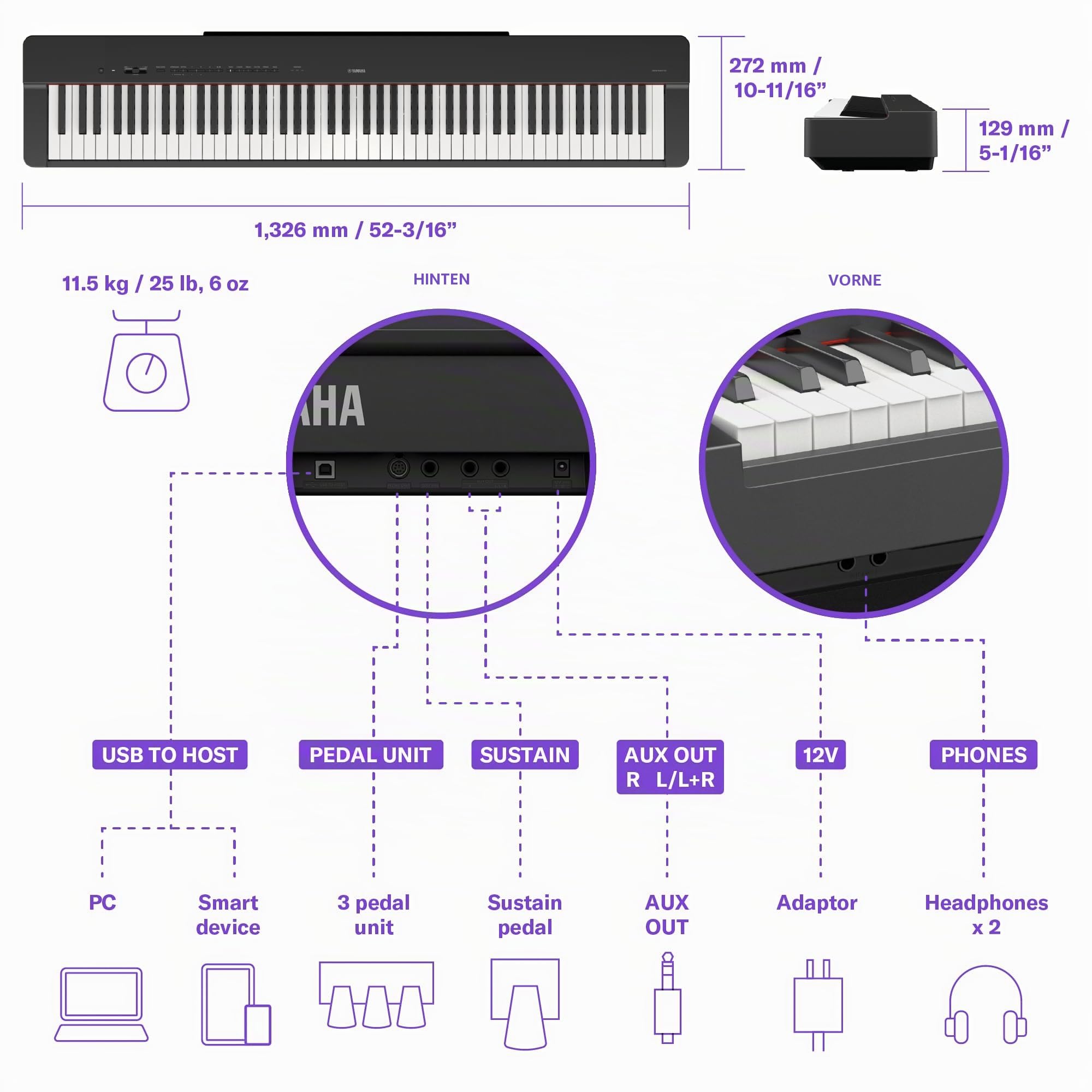 Yamaha P-225 Digitalpiano mit 88 abgestuften Hammertasten und 24 Instrumentalstimmen, leicht und tragbar, Schwarz
