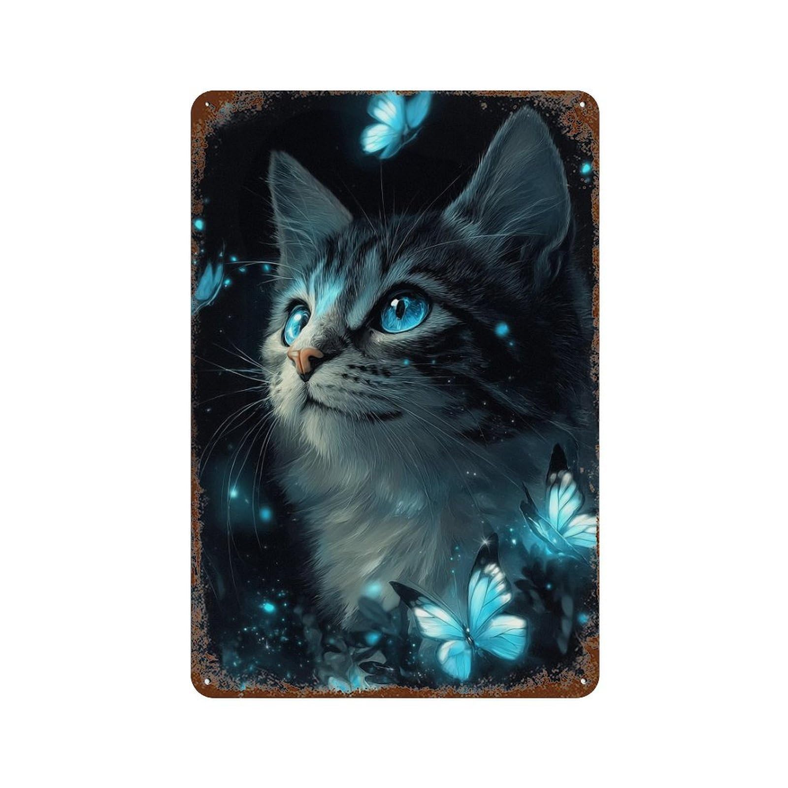 Enchanted Cat with Butterflies Aged Metal Wall Plaque 11.8"x7.9", for Pub, Kitchen And Man Cave Decor, Decorative Metal Wall Art