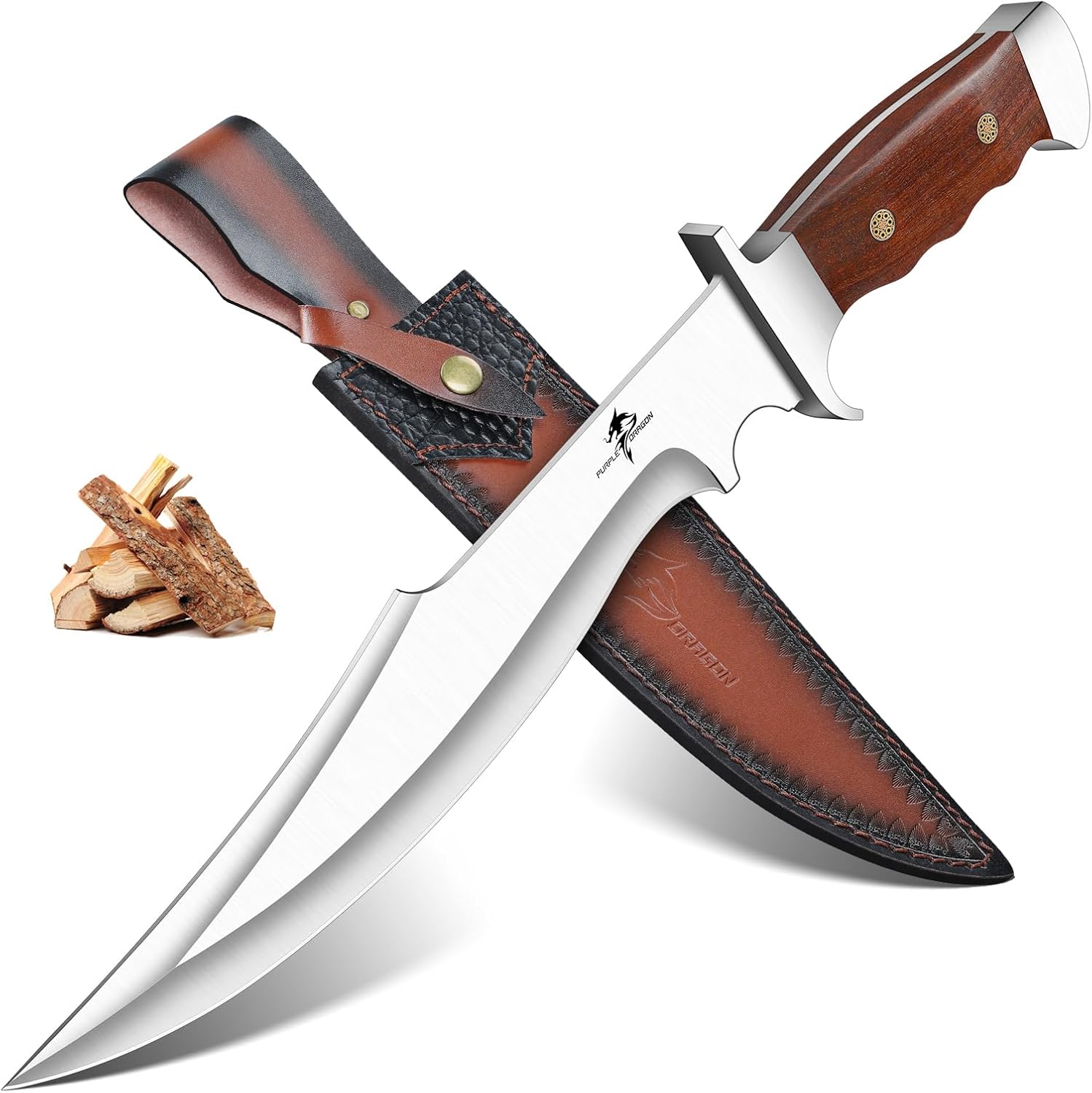 Purple Dragon Fixed Blade Bowie Knife, 10.63" Survival Knife with Wood Handle, Heavy Duty Hunting Knives with Embossed Leather Sheath & Gift Box for Men Outdoors