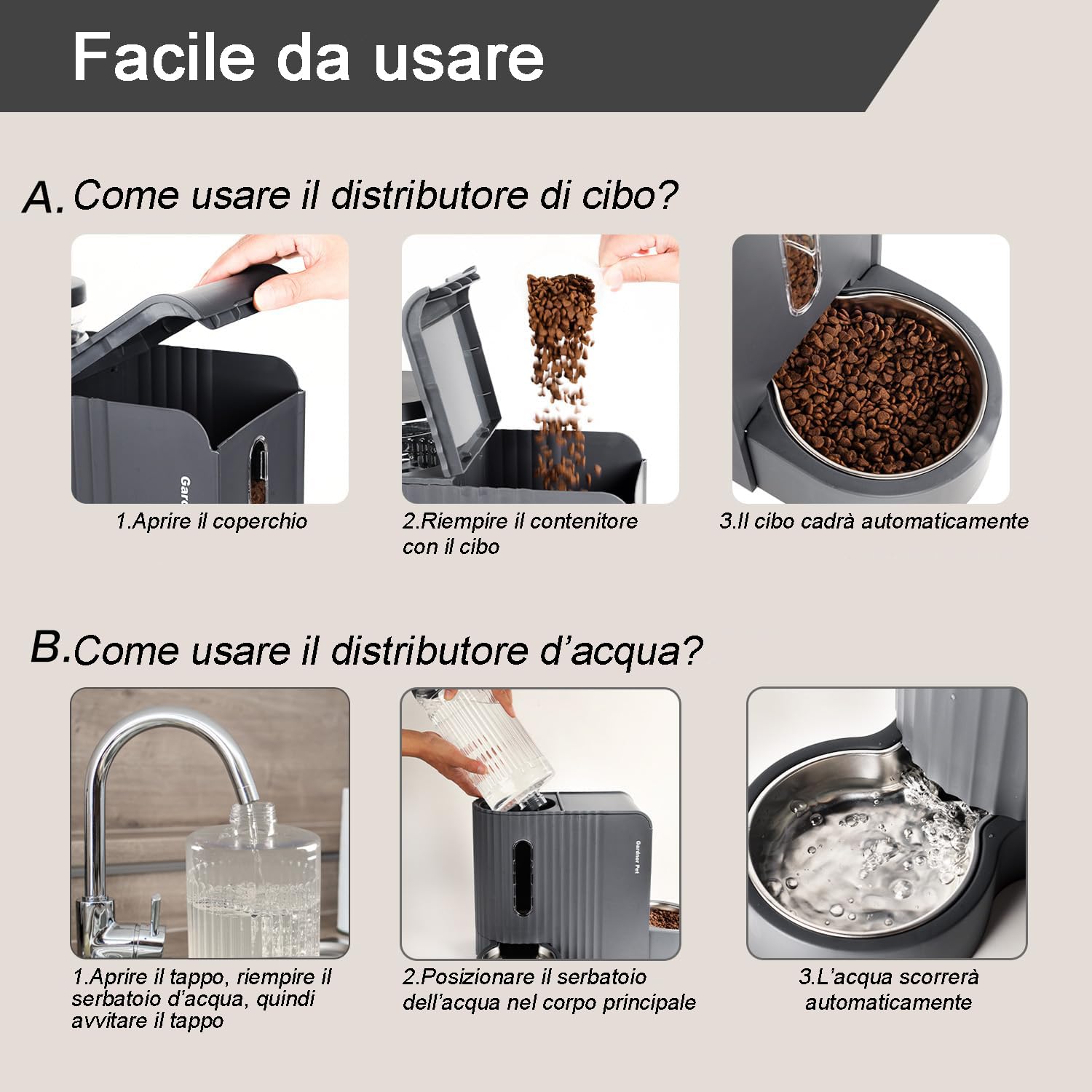 Gardner Pet 2 in 1 Distributore Automatico Cibo e Acqua Gatti (6L*2), Distributore Automatico Cibo Gatti con Ciotola in Acciaio Inox, GravitÀ Dispenser Crocchette Gatto, Senza BPA, Grigio Scuro