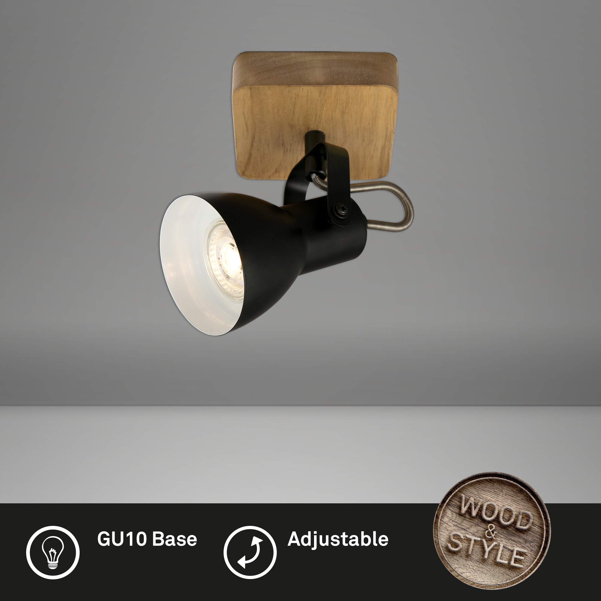 Briloner Leuchten - Lampa punktowa, lampa ścienna, lampa ścienna retro, vintage, punktowa obrotowa i wychylna, 1 x GU10, drewno metalowe, czarno-biały, 100 x 100 x 135 mm (dł. x szer. x wys.)