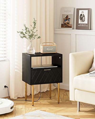 Miniatura 5 de Mesita de noche con estación de carga, mesita de noche pequeña con dos cajones, mesita de noche negra, mesa auxiliar con marco dorado, muebles de