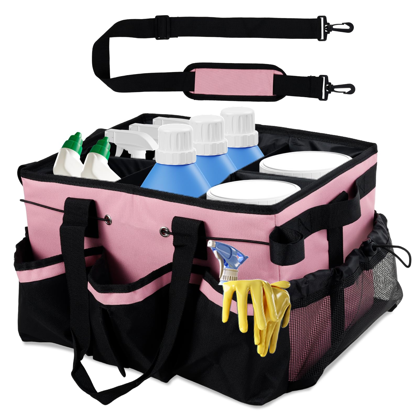 Ktcina Pink Large Cleaning Caddy Bag, Cleaner Caddy Organizer With Handle & Adjustable Shoulder Strap & Clips, 15 Pockets Cleaning Tote Bag Supplies Organizer For Housekeepers And Cleaners(Pink)