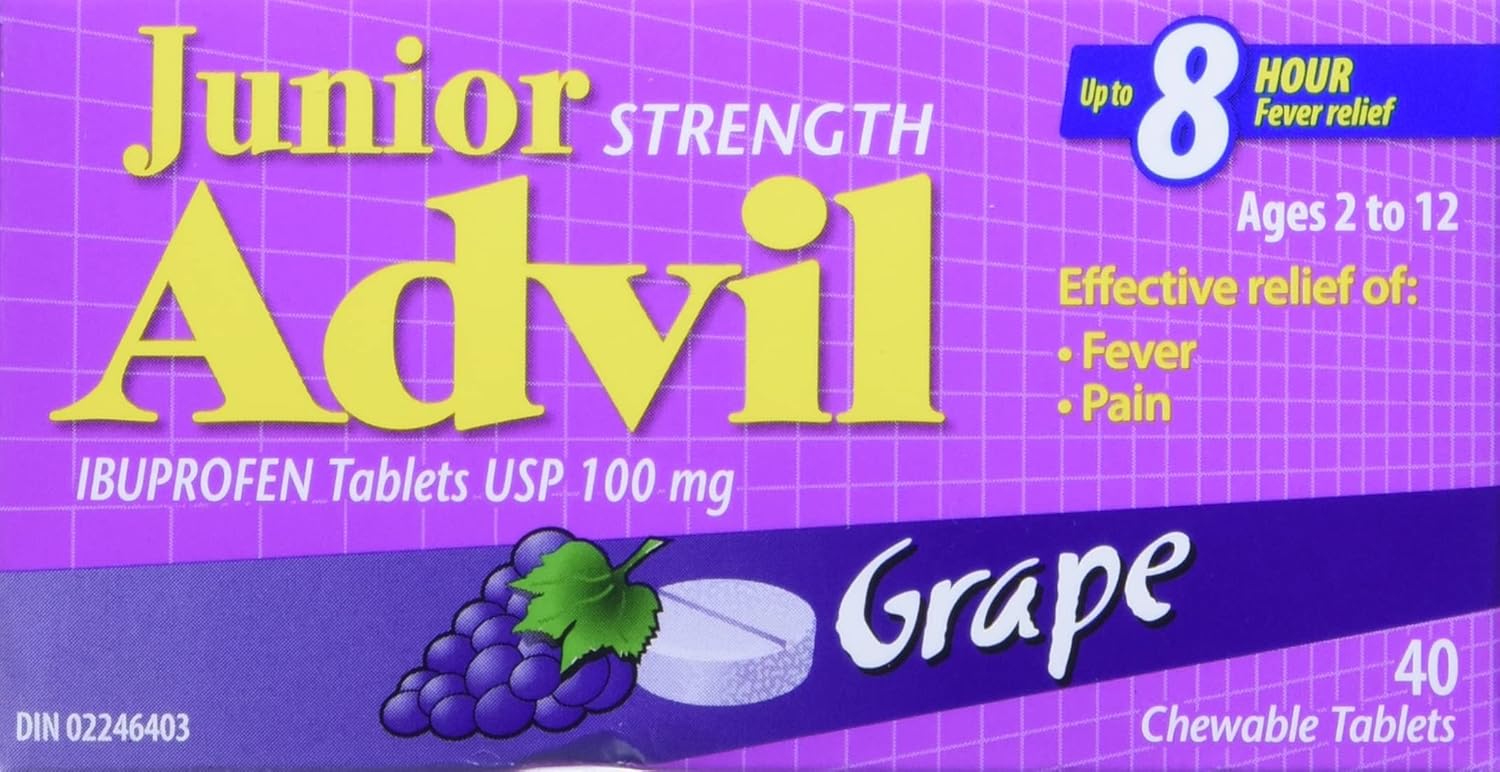 Advil Junior Strength (40 Count, Grape Flavour) Ibuprofen Chewable Tablets for Relief of Pain