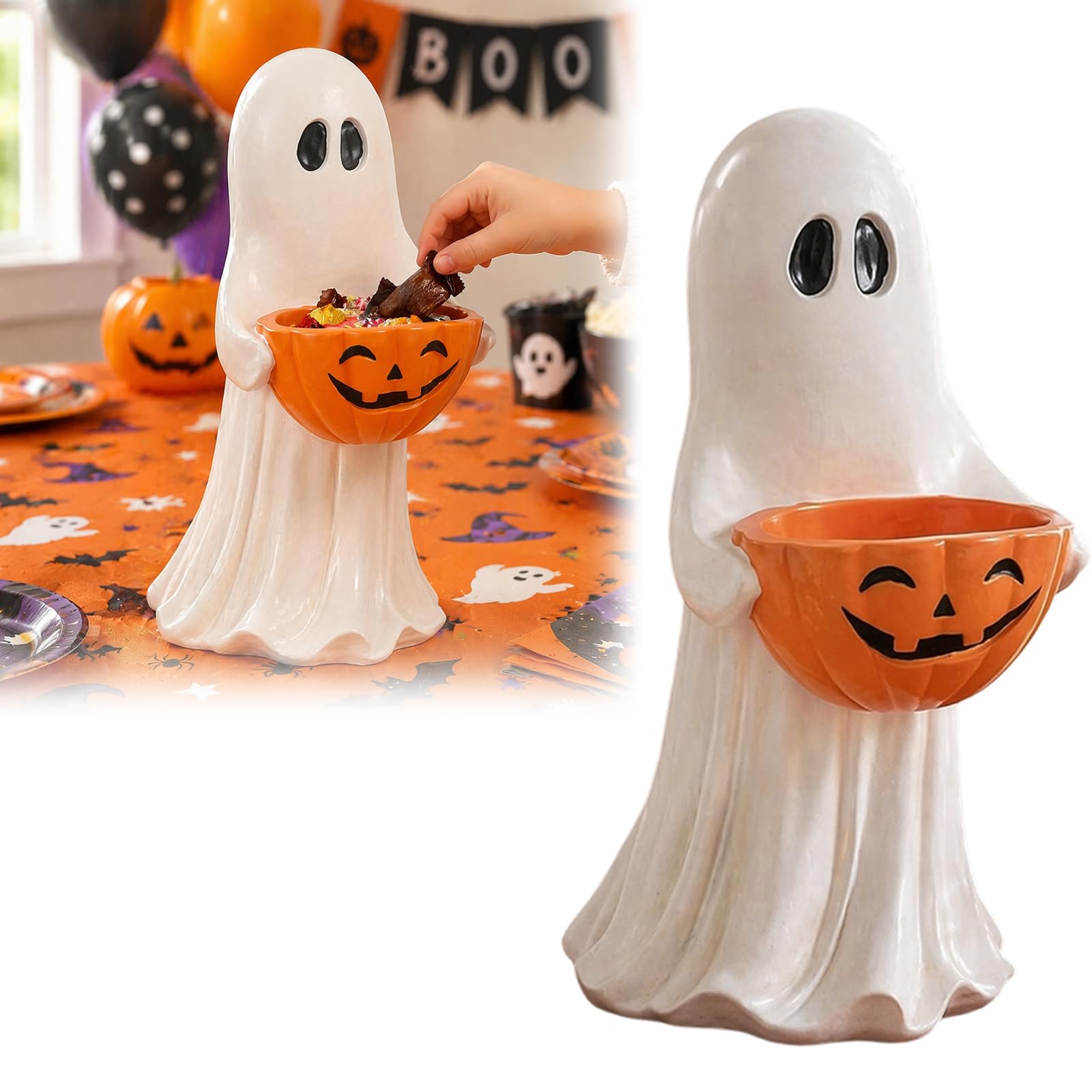 ZhzeYun Halloween Ghost Statue with Pumpkin Candy Bowl, 13.7 Inch Resin Figurine for Outdoor Front Door Garden Decor, Spooky Cute Autumn DecorationS