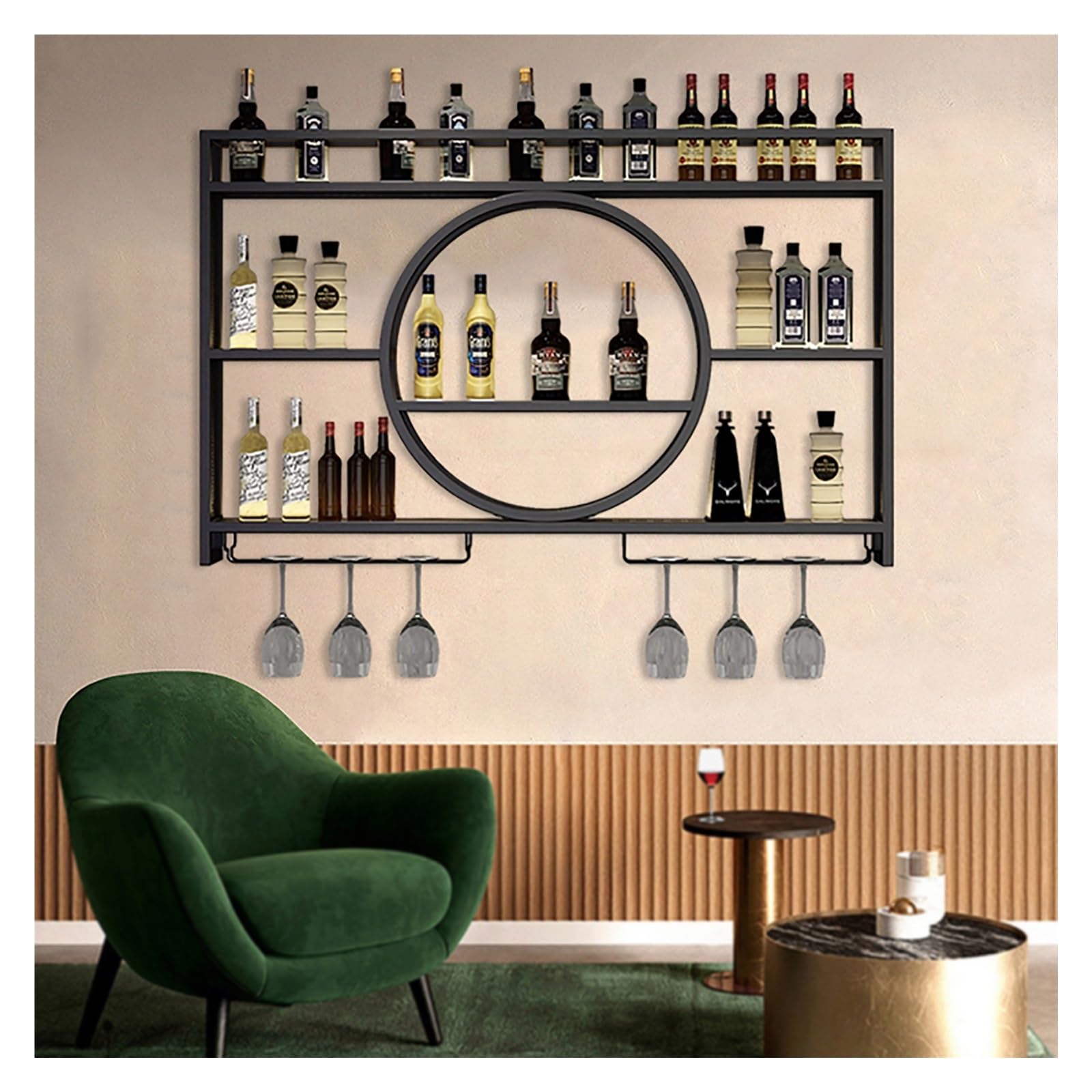 Casier à vin mural en métal noir et doré pour le rangement de bouteilles de cuisine