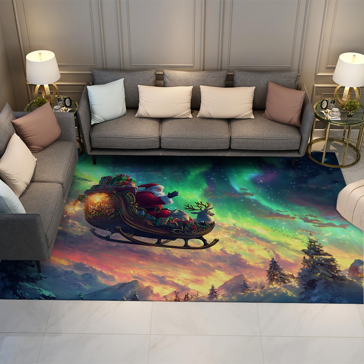 Dywan 160 x 200 cm Święty Mikołaj Cienki Składany Można prać w pralce Gabinet Wzór Aurora Odporne Antypoślizgowe Plamy Podłoga Niski Włosie Dekoracja Impreza Sypialnia Jadalnia