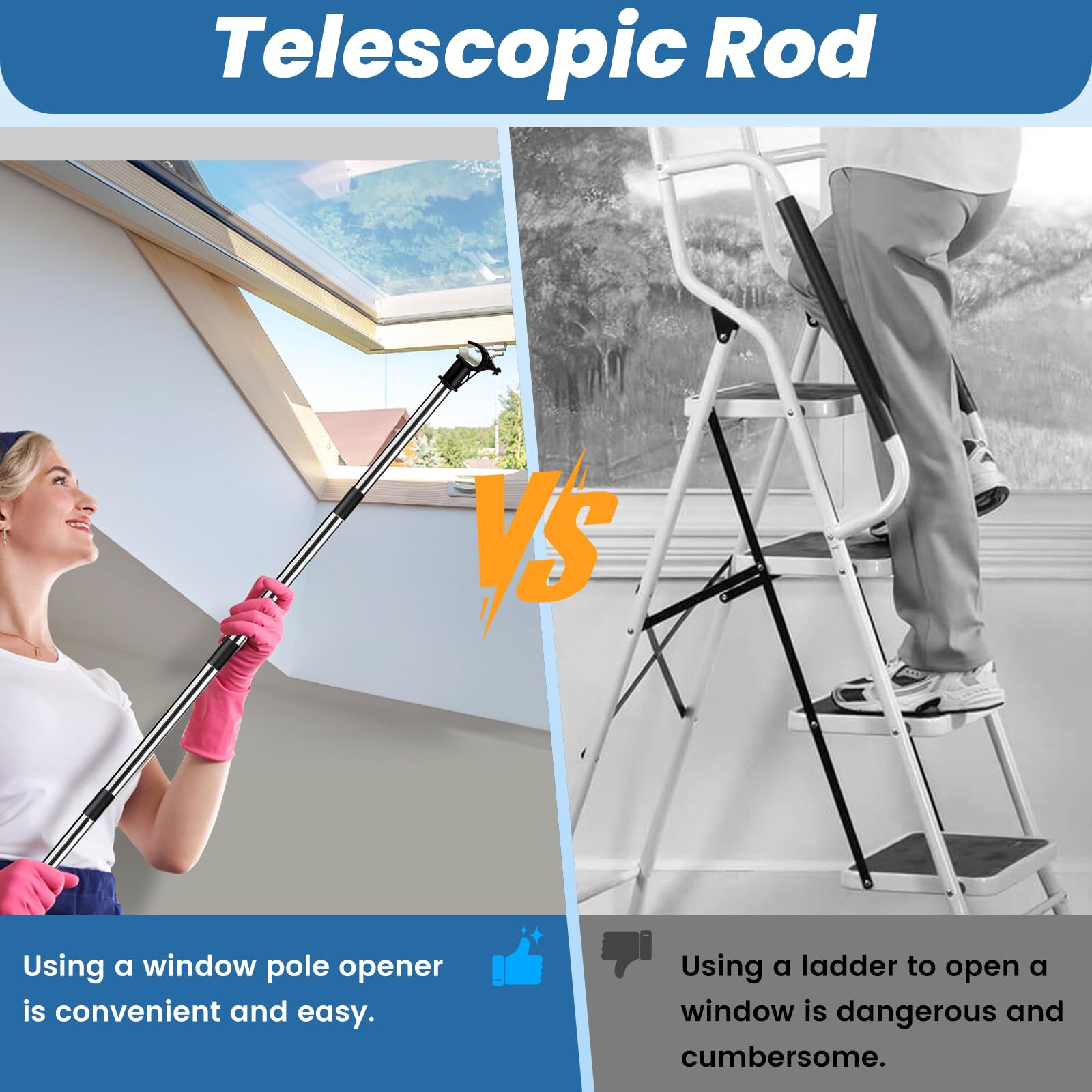 Apri palo per finestra, asta telescopica multiparte da 1,86 m, con gancio, compatibile con tende Velux GGL/GGU per lucernari, in acciaio inox, per scale a soppalco, finestre scorrevoli verticali
