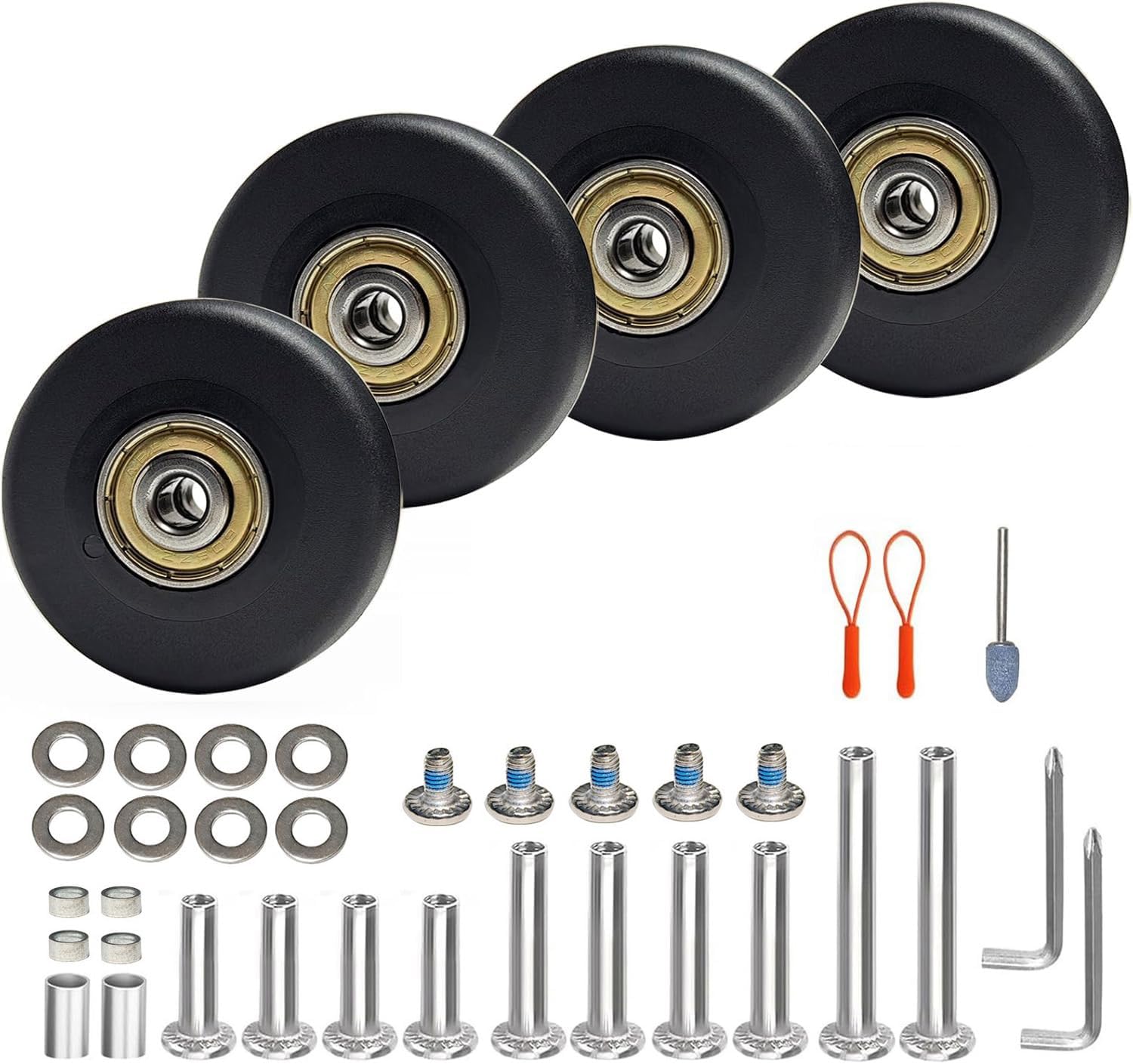Luggage Wheels Replacement Kit, 4 Pcs 2 in Diameter Rigid PU Wheels, ABEC-7 Bearings, Smooth Roller, 3 Axle Sizes, Repair Tools Set for Inline Spinner Suitcase Trolley Travel Bag Carry-on