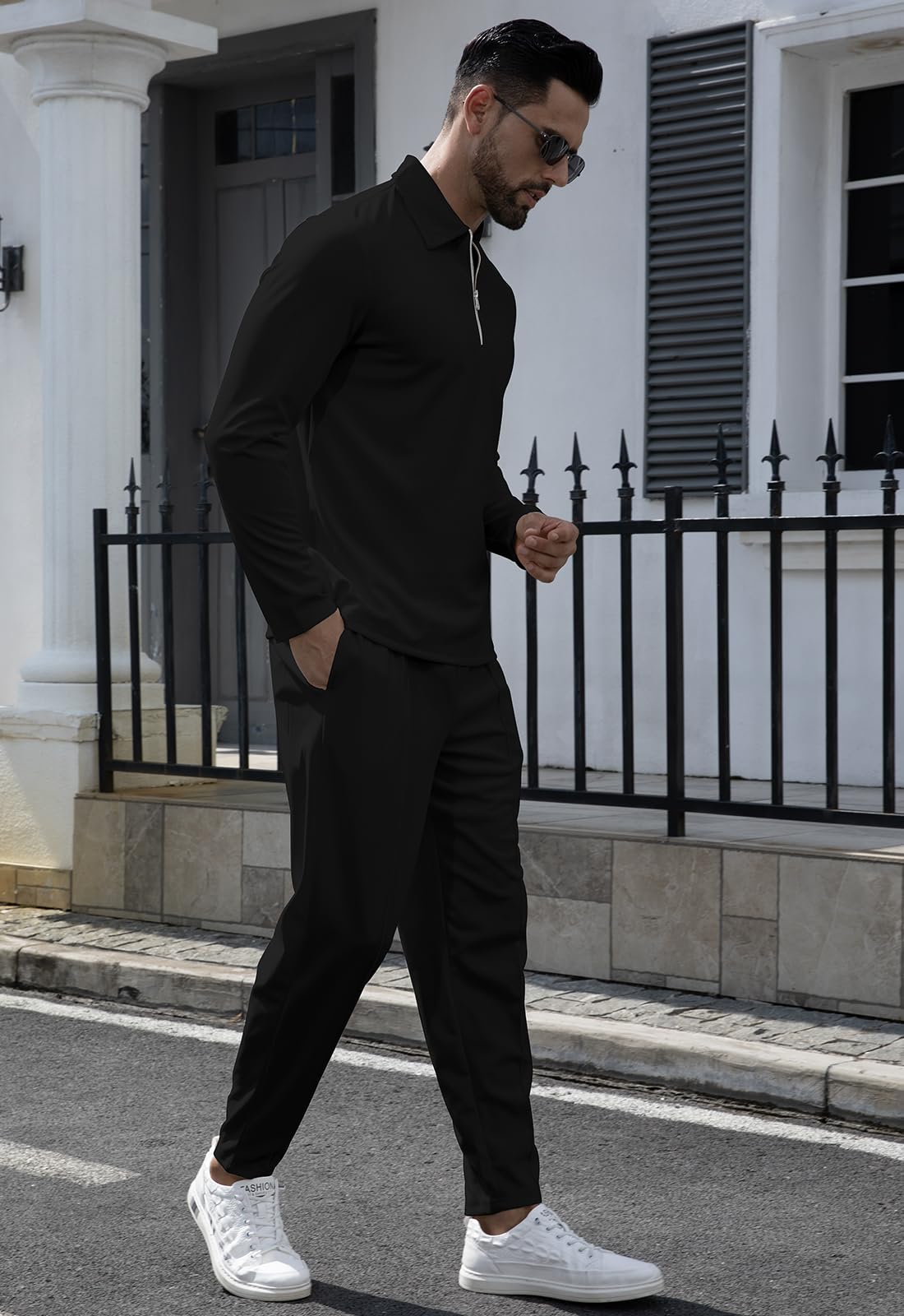 KUYIGO Męskie dresy polo z zamkiem 1/4 2-częściowe stroje sweter z długim rękawem zestaw dresowy bluza i joggery na co dzień topy waflowe dół sport odzież sportowa strój golfowy S-XXL