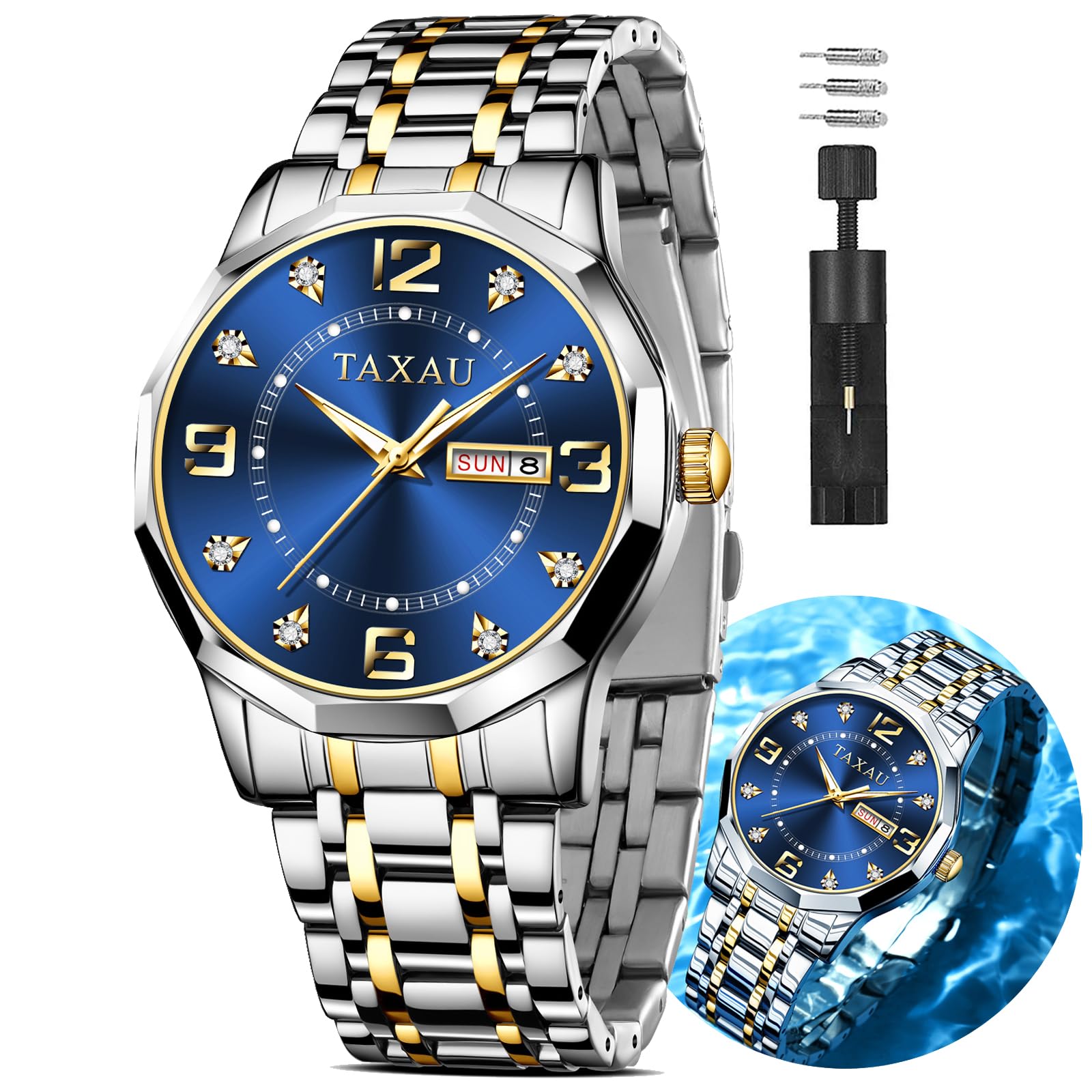 TaxauMen's Watch Fashion Nice Luxury Watches for Men Mens Dress Watch with Day Date Waterproof Stainless Steel Men Watch Analog Quartz Men's Wrist Watches Big Dial Mens Watches