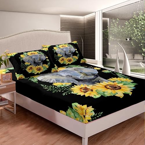 Miniatura 2 de Sábana bajera ajustable de elefante, sábana de girasol amarillo, tamaño matrimonial para niños, niñas, adolescentes, adultos, decoración de