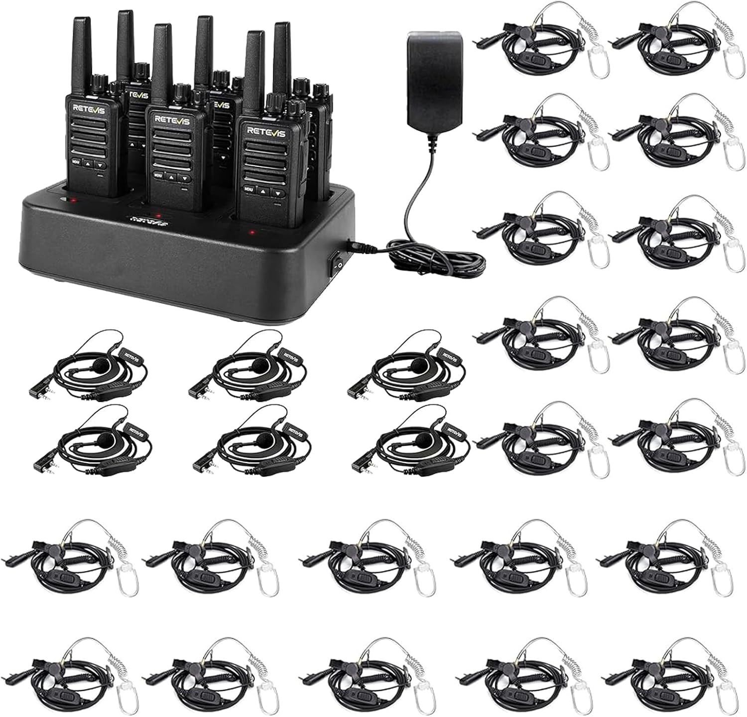 Retevis RT68B Walkie Talkies with Earpiece(6 Pack) with Surveillance Headset(20 Pack)，16 Channels, 30H Battery, FRS Two-Way Radios, 6-Way Charger, VOX, Long Range, Rugged & Water Resistant