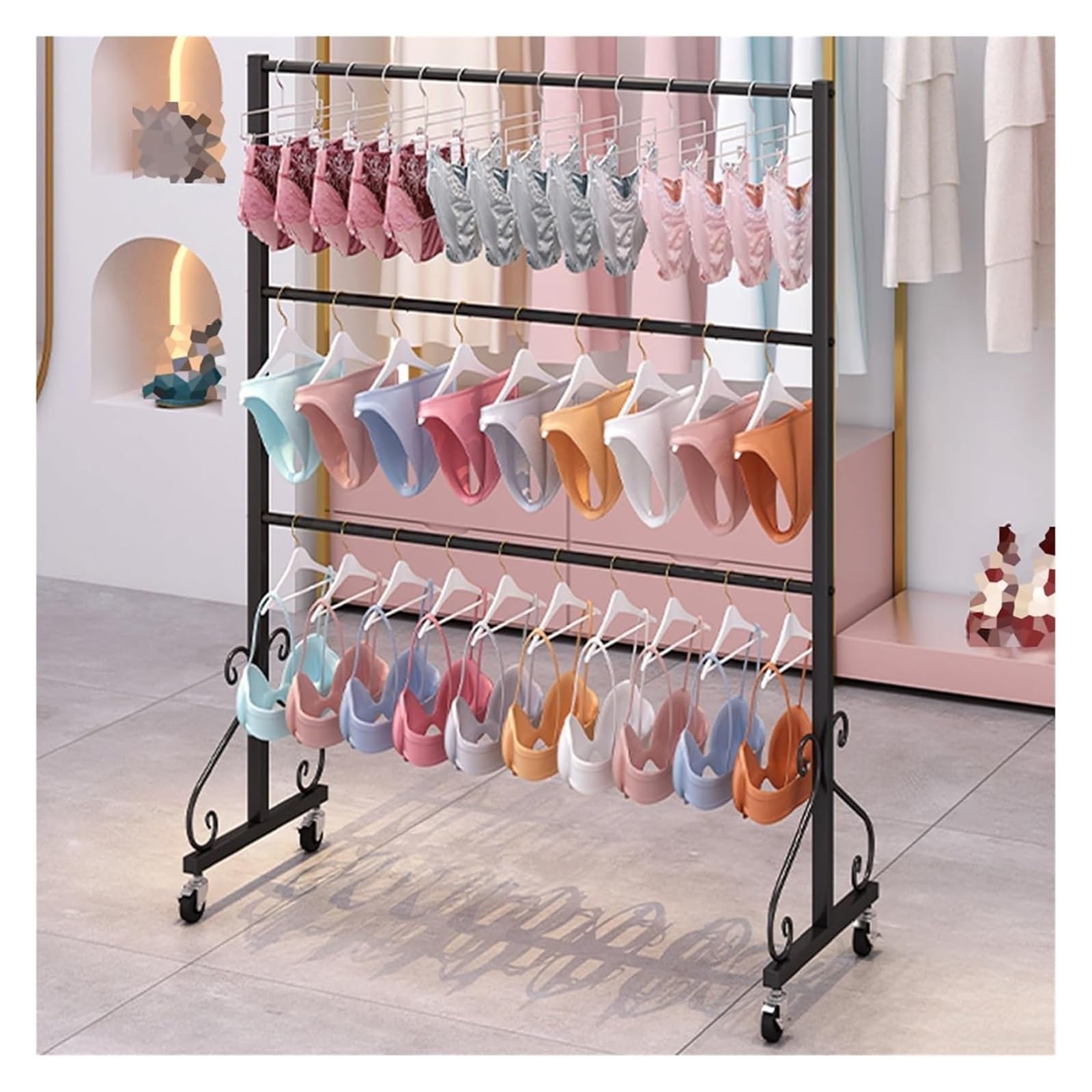 Portant à vêtements en métal pour sous-vêtements et maillots de bain sur roulettes