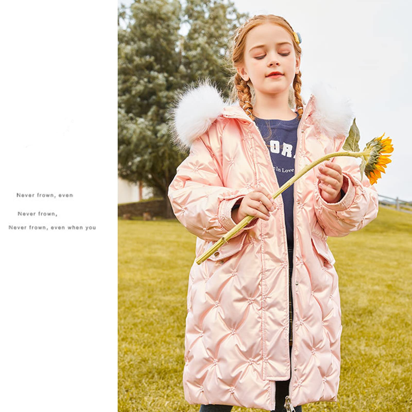 Piumino da Bambina Invernale Bianco Piumino D'Anatra per Bambini Caldo Giubbotto con Cappuccio Stampa Tridimensionale Dolce Ed Elegante,Pink,15(140CM)