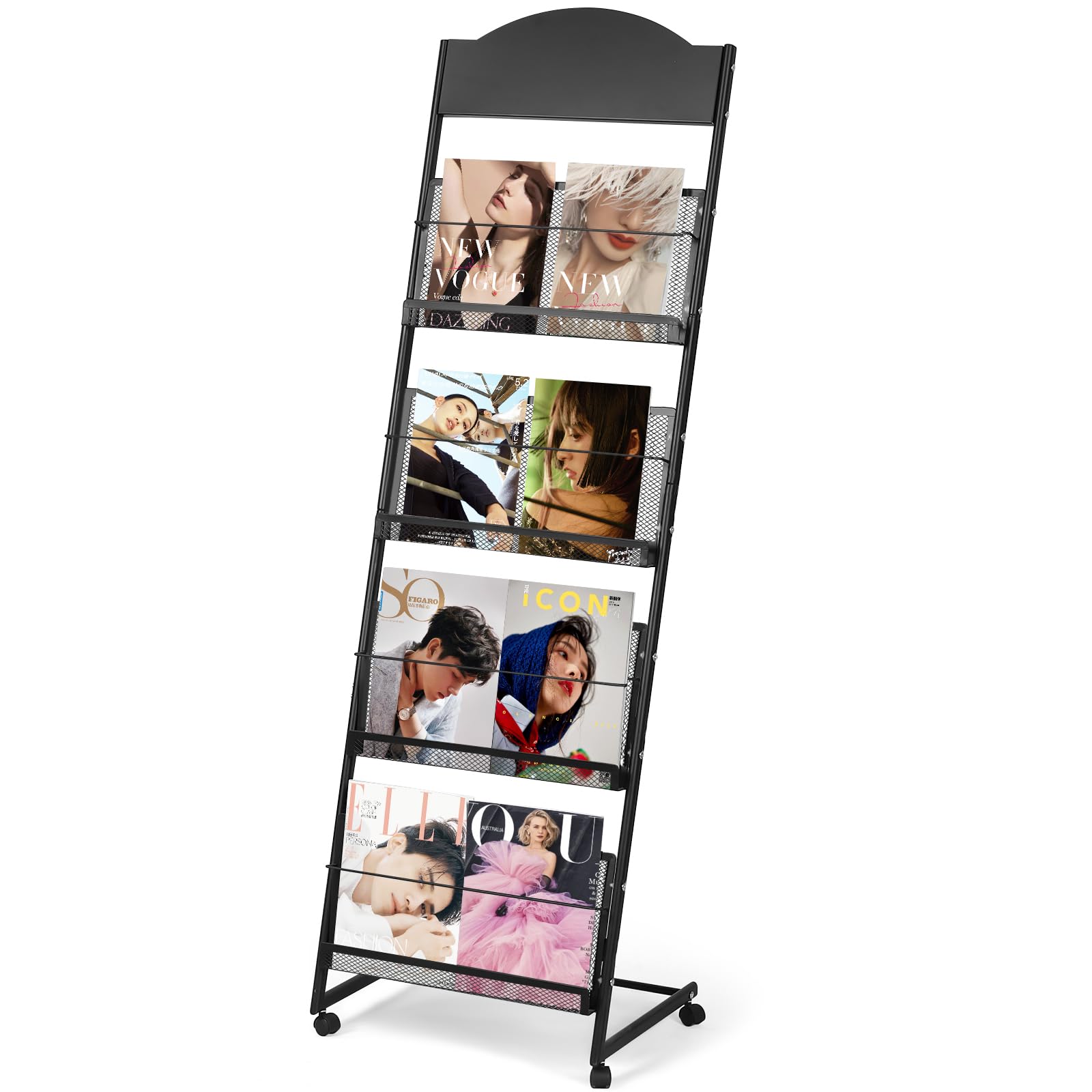 LIWSHWZ Floor-Standing Magazine Rack,Brochure & Literature Display Stand 4-Layer with Wheels and top billboard,Newspaper Holder Suitable for Exhibitions,Any Organization Requiring Information Display