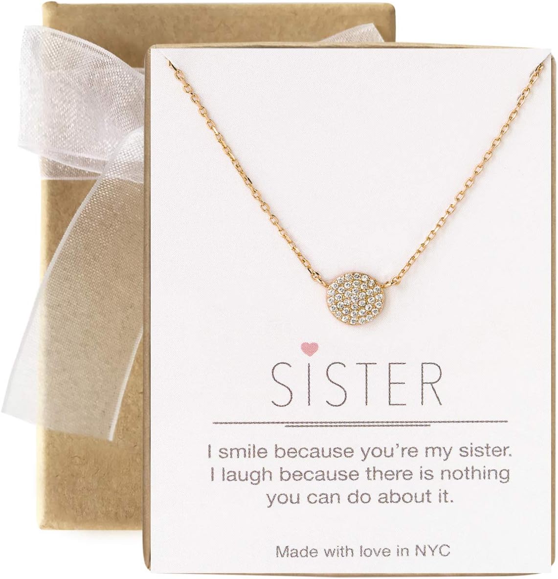 A+O Gift for Sister from Brother, Petite CZ Disc Pendant Necklace in Gold, Rose Gold or Silver