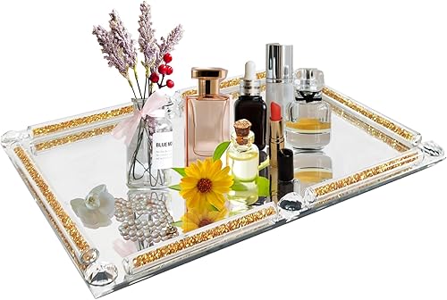 Miniatura 11 de Bandeja de vidrio de cristal, bandeja de maquillaje y perfume de espejo plateado con diamante triturado de 11.8" x 7.9", bandejas de joyería