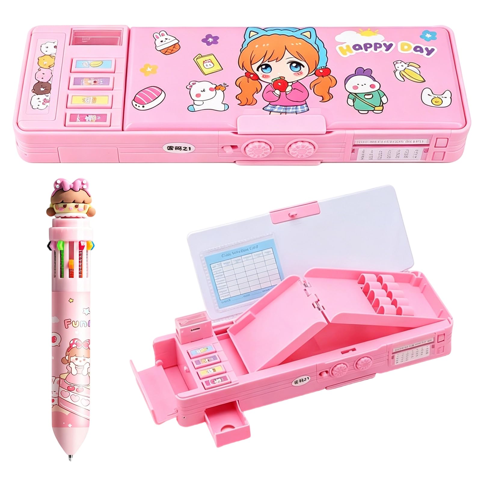 Pop Up Pencil Case with Password Lock – Pink Strawberry Girl Stationery Box & 12-Colour Pen, Multifunctional Pencil Case with Sharpener & Calendar for School Home Office, Birthday Gift for Students — image 1