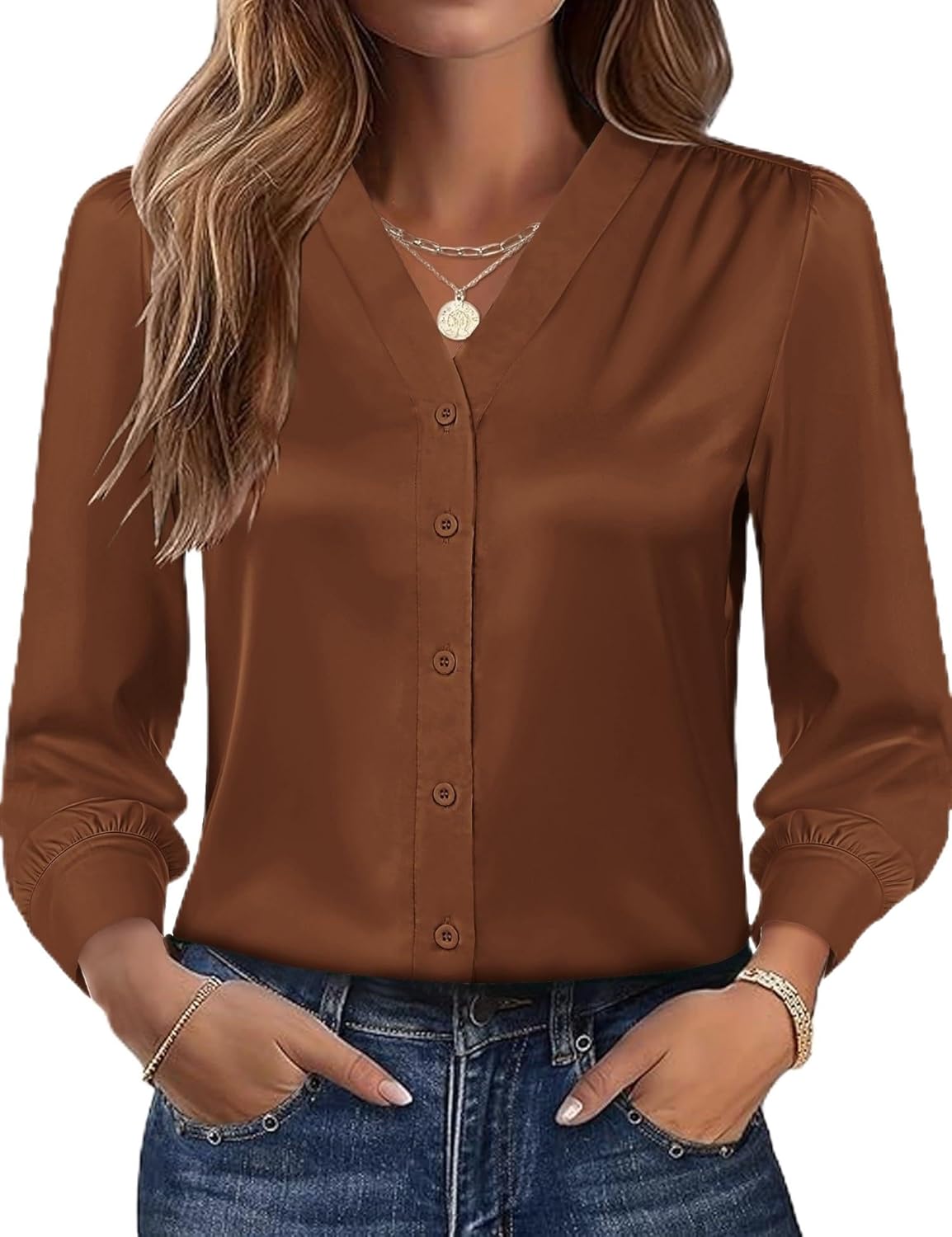 Rapbin Womens Button Down Shirts Dressy Casual Satin Silk Long Sleeve V Neck Tops Business Office Work Blouses 2025