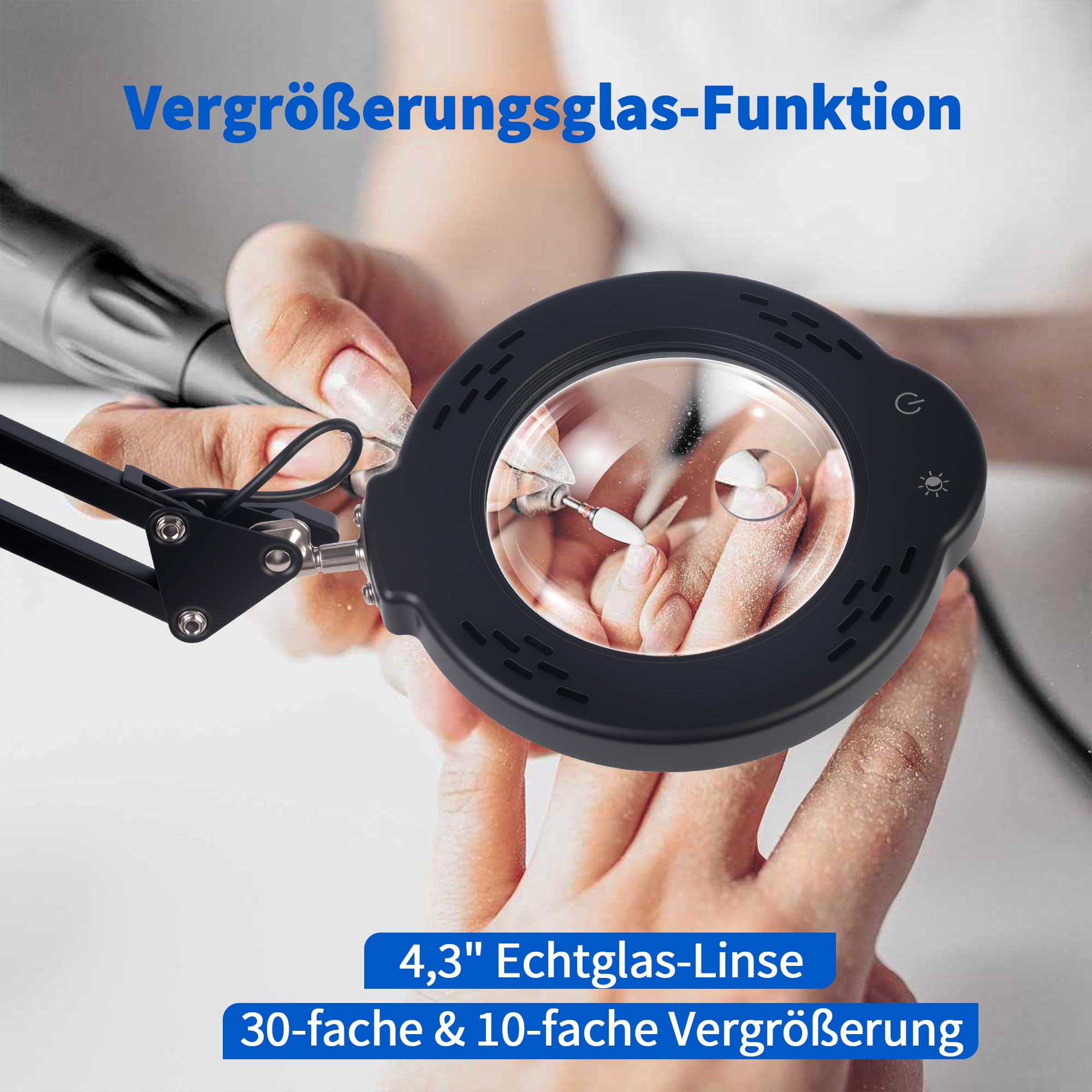 30X/10X Doppellinsen-Lupe mit Licht, 5 Farbmodi, 2-in-1 Lupen-Schreibtischlampe für Basteln, Malen, Nähen und Präzisionsarbeiten (ohne Netzteil)