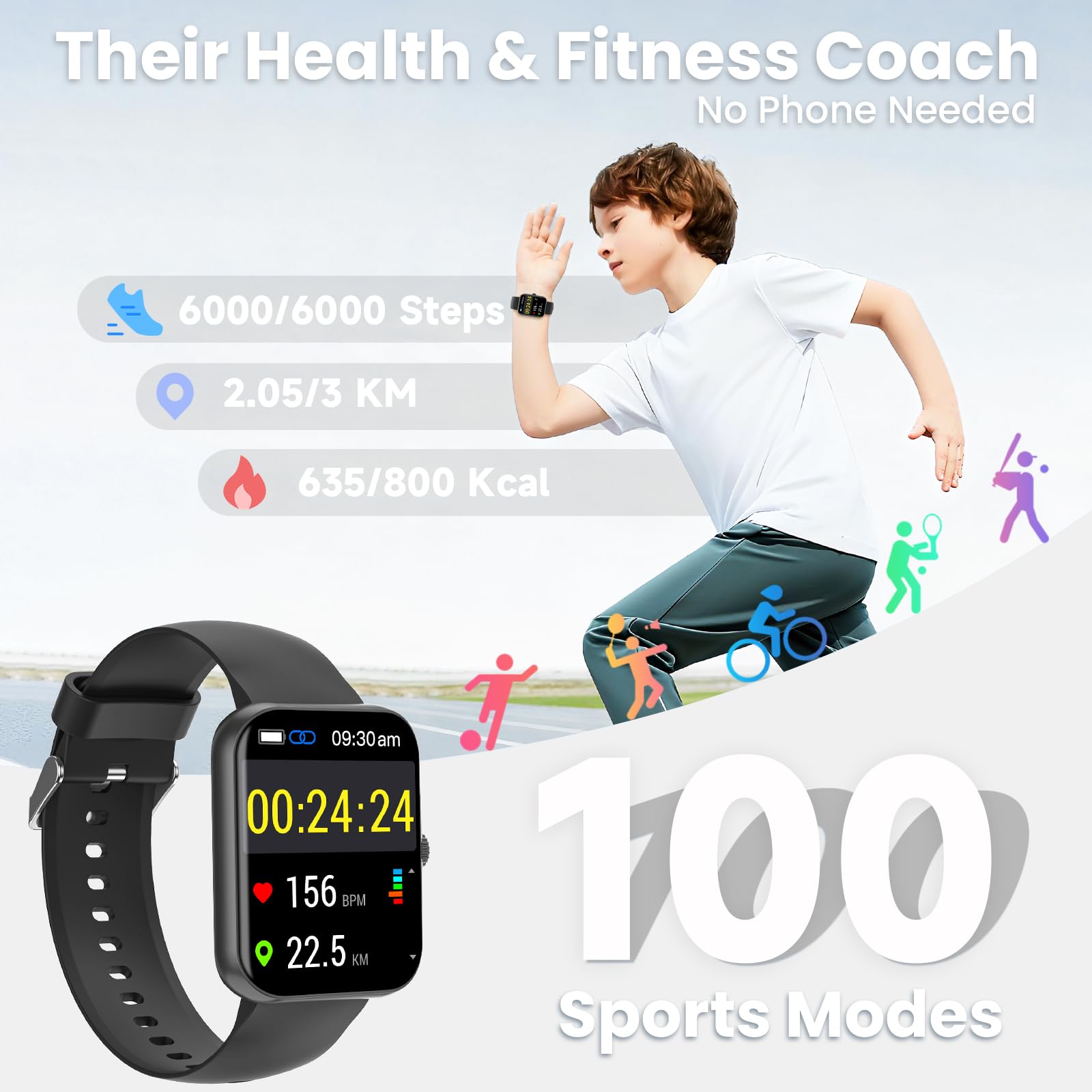 BJLBOJEY Reloj inteligente para niños, podómetro, ritmo cardíaco, rastreador de sueño, modo deportivo, reloj inteligente HD de 1.8 pulgadas para niños con/sin aplicación para niños, niñas y