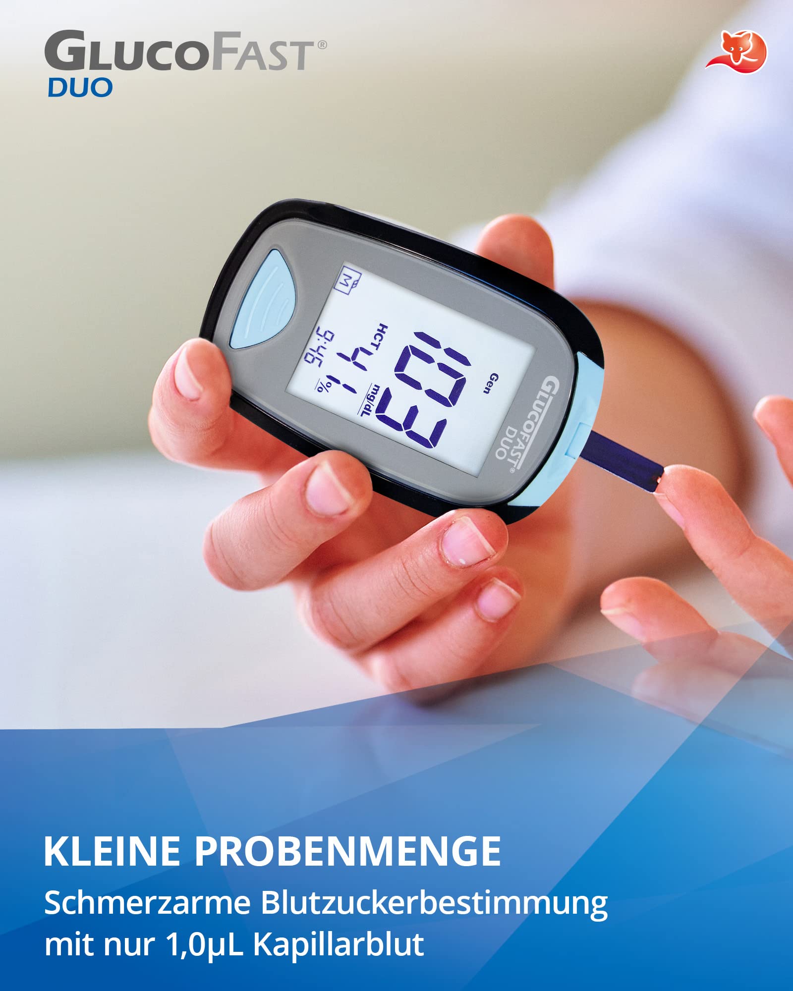 Duo Blutzuckermessgerät (mg/dL) Set mit 60 Teststreifen & 10 Lanzetten | Zertifiziertes Diabetes-Messsystem mit hoher Genauigkeit | Leichte Anwendung
