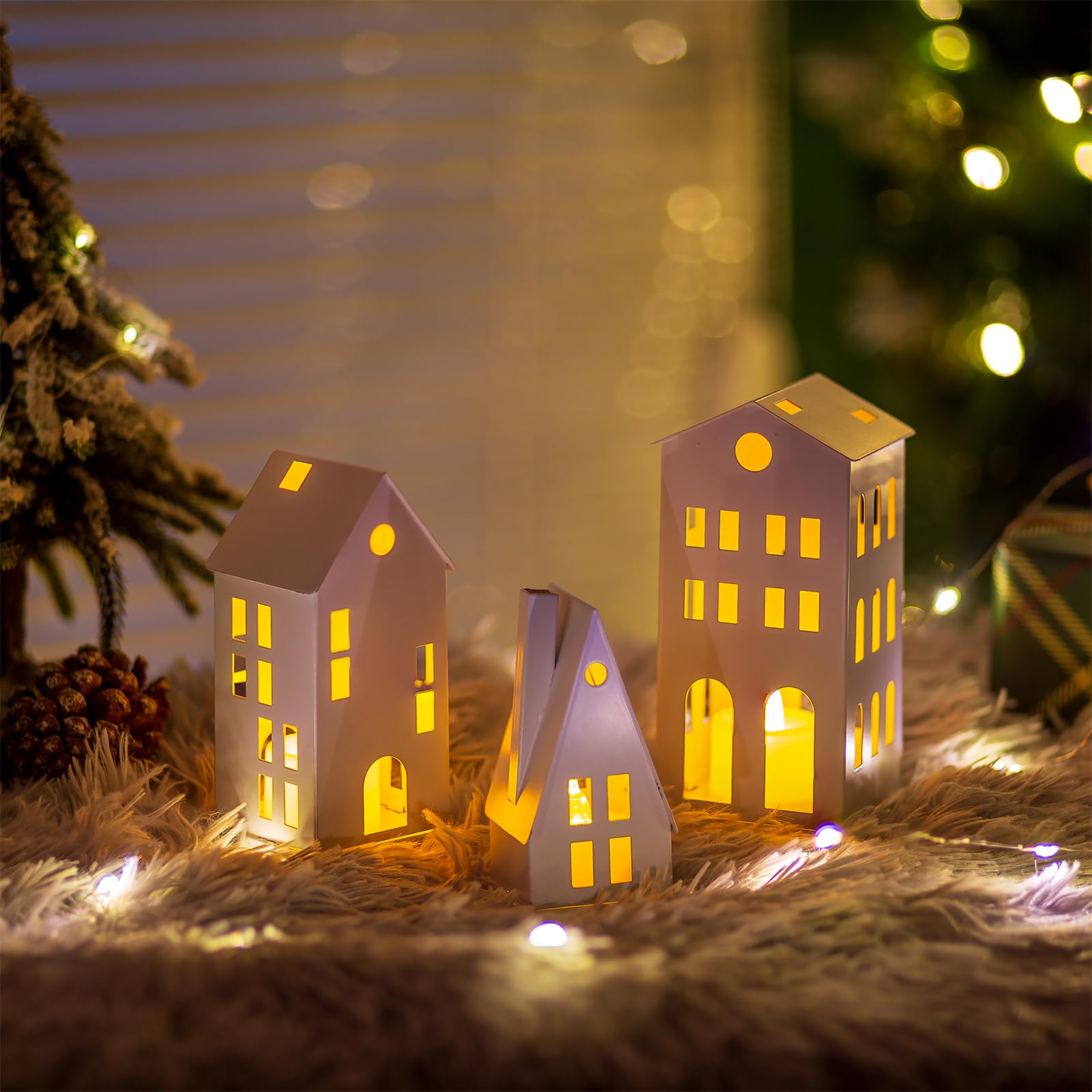 Sziqiqi Decorative Candle Lantern with LED Candles for Christmas Decor Small House Tealight Candle Holders Set of 3 - Image 2
