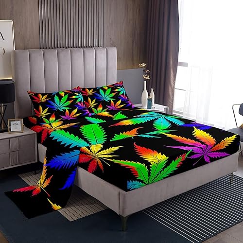 Miniatura 12 de Erosebridal Juego de sábanas de hojas de cannabis, diseño de girasol, tamaño matrimonial para niños y adolescentes, sábana bajera ajustable botánica