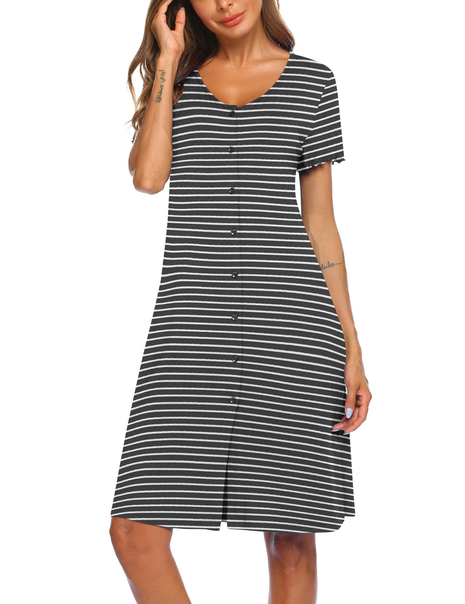 Ekouaer Camicia da Notte Donna Manica Corta Bottoni con Scollo a V Pigiama da Notte