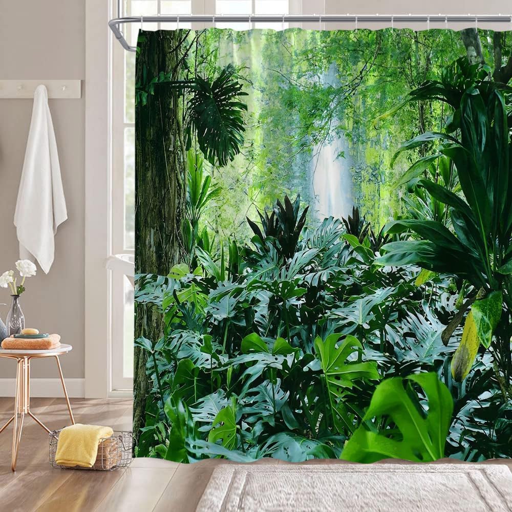 Tropical Rainforest Shower Curtain Green Nature Tree Forest Waterfall Jungle Seasonal Scenery Landscape Fabric Bathroom Decor Curtain with Hooks