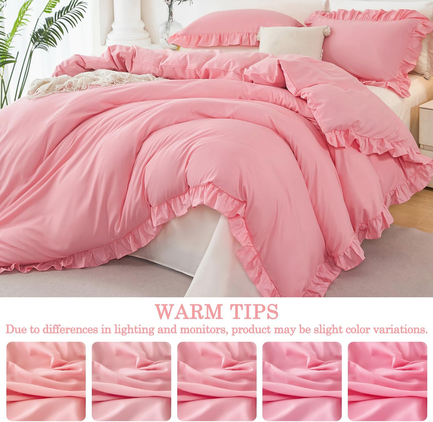 Queen Size Kids Duvet Cover Sets 3 Pieces Ruffle Bedding Cover Set Cute Pink Comforter Covers for Girls Soft Lightweight Ruffled Bed Cover for Bedroom Decor(Pink, Queen)