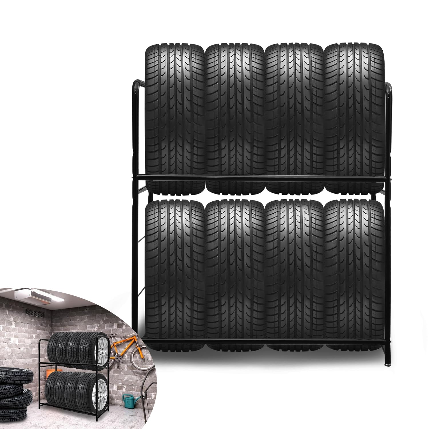 Randaco Estantería para 8 neumáticos, soporte para neumáticos de 107 x 46 x 117 cm, árbol de llantas para neumáticos de coche, capacidad de carga de 180 kg, estantería para llantas con funda