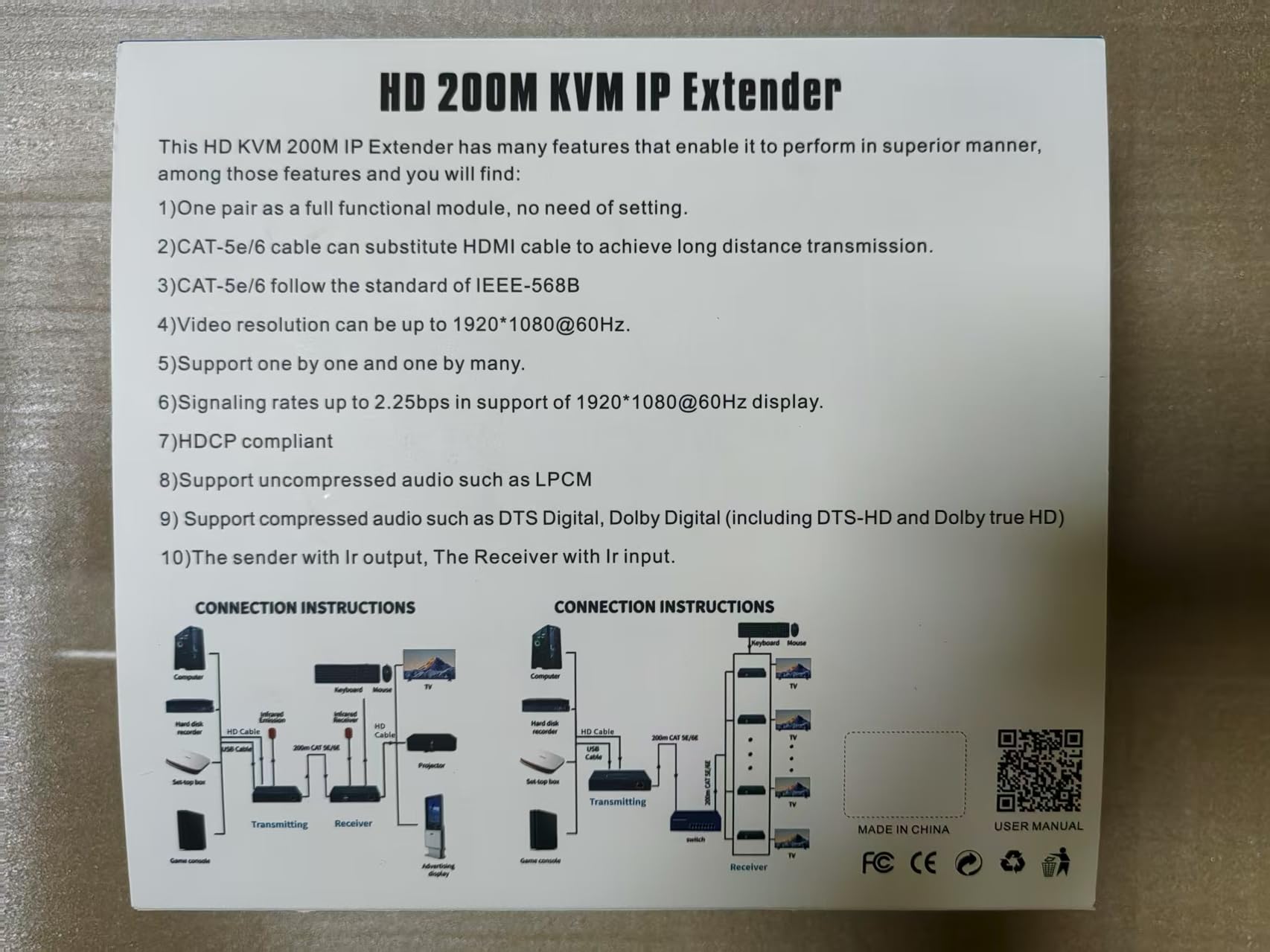 Extendeur HDMI KVM 200M IP, extendeur TCP/IP, transmission 1080P HDMI/DVI via câble réseau CAT5E/6, plug-and-play, contrôle TCP/IP entre appareils, prise en charge un-à-un et un-à-plusieurs.