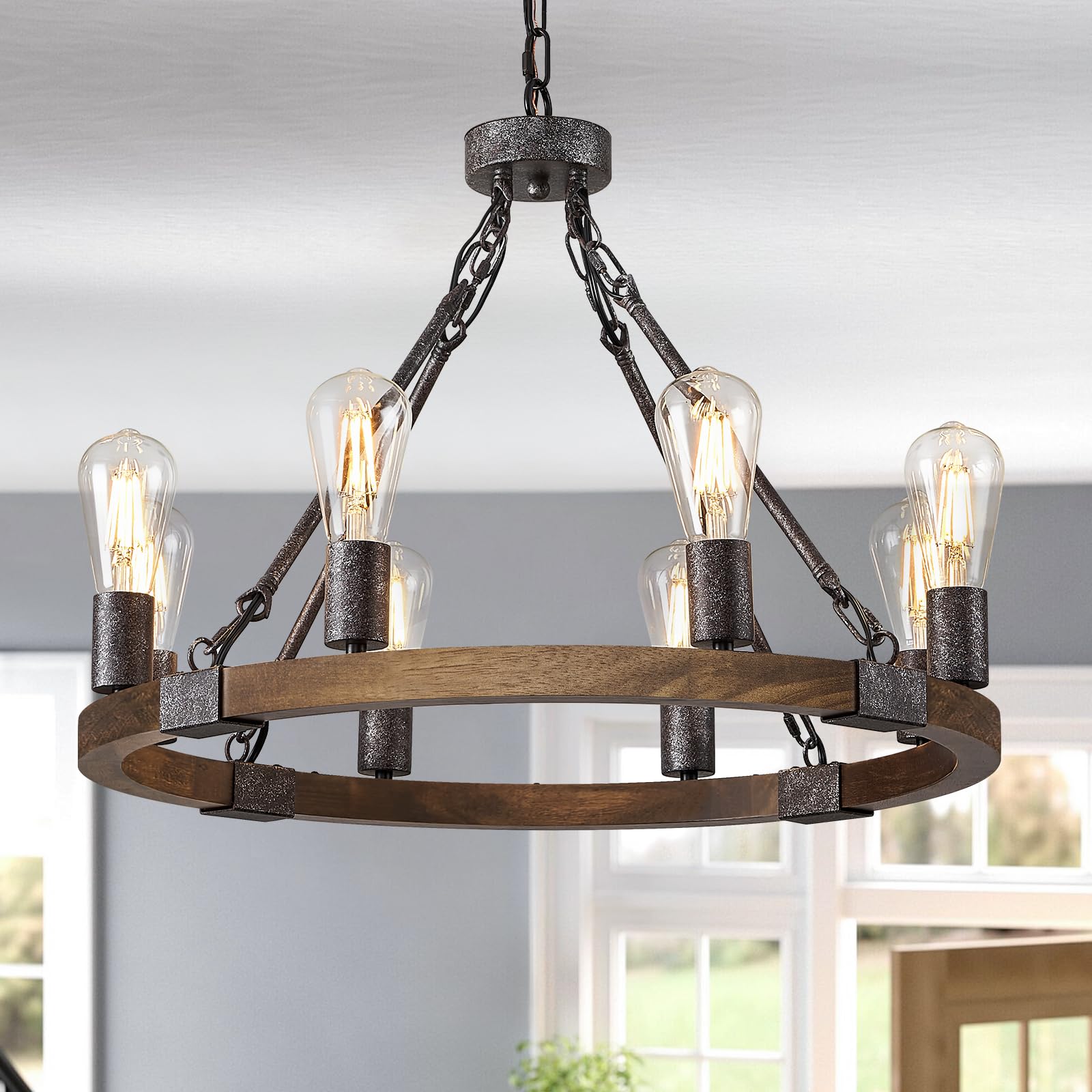 Benkut Farmhouse Wagon Wheel Chandelier 23.6" Black Rustic Light Fixtures 8-Light Wood Round Chandelier for Dining Room Kitchen Entryway Foyer