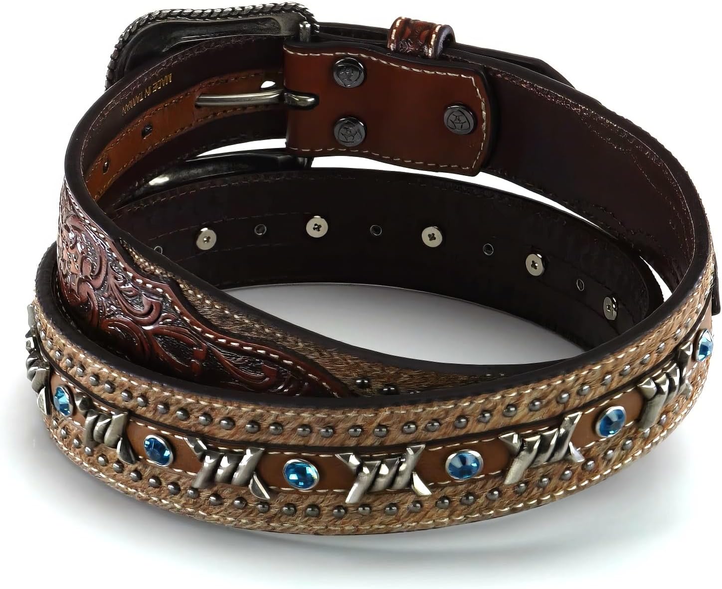 ARIAT Men's Embossed Leather Belt with Barbed Wire Accents and Blue Crystals - Image 3
