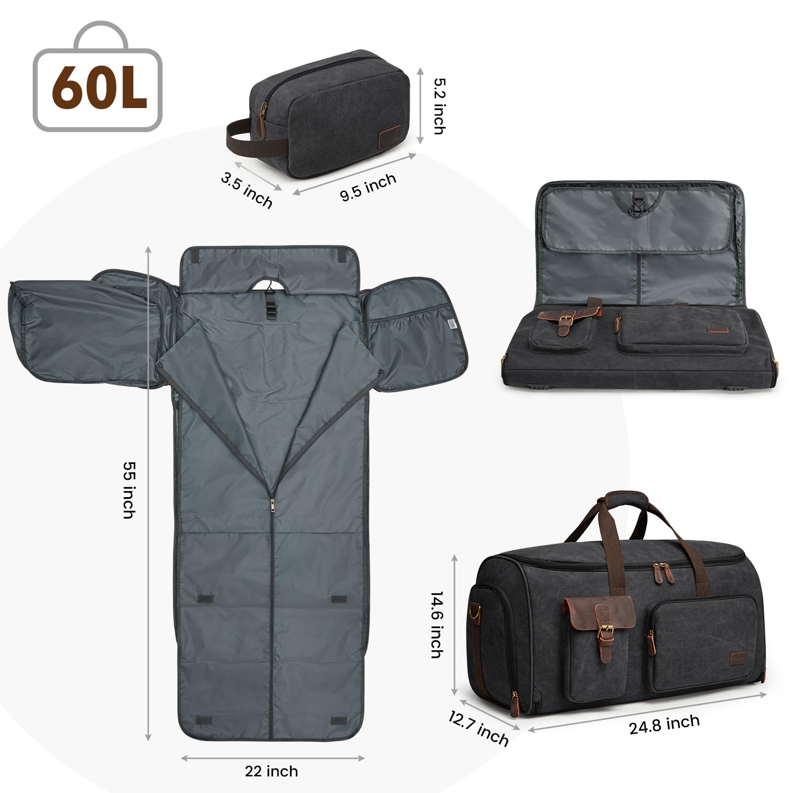 S-Zone Bolsa de ropa 3 en 1, 60 l, unisex, de lona, con neceser, para viajes, escapadas, viajes de negocios, almacenamiento